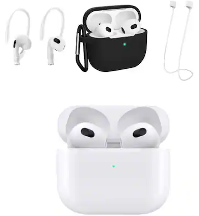 Front. Apple - Apple AirPods (3rd generation) with Lightning Charging Case- Black Case Bundle - Multi.