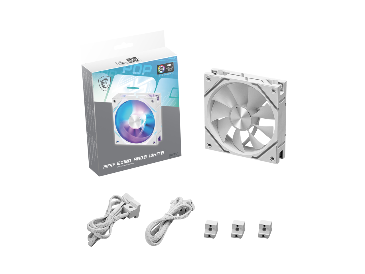 The text from the image can be grouped and corrected as follows:

- **Product Name:** POP
- **Model:** E2120 RGB WHITE
- **Brand:** MFG
- **Features:** 1735 RPM, 1.25W, 120MM WHITE
- **Additional Text:** MFG E2120 RGB WHITE