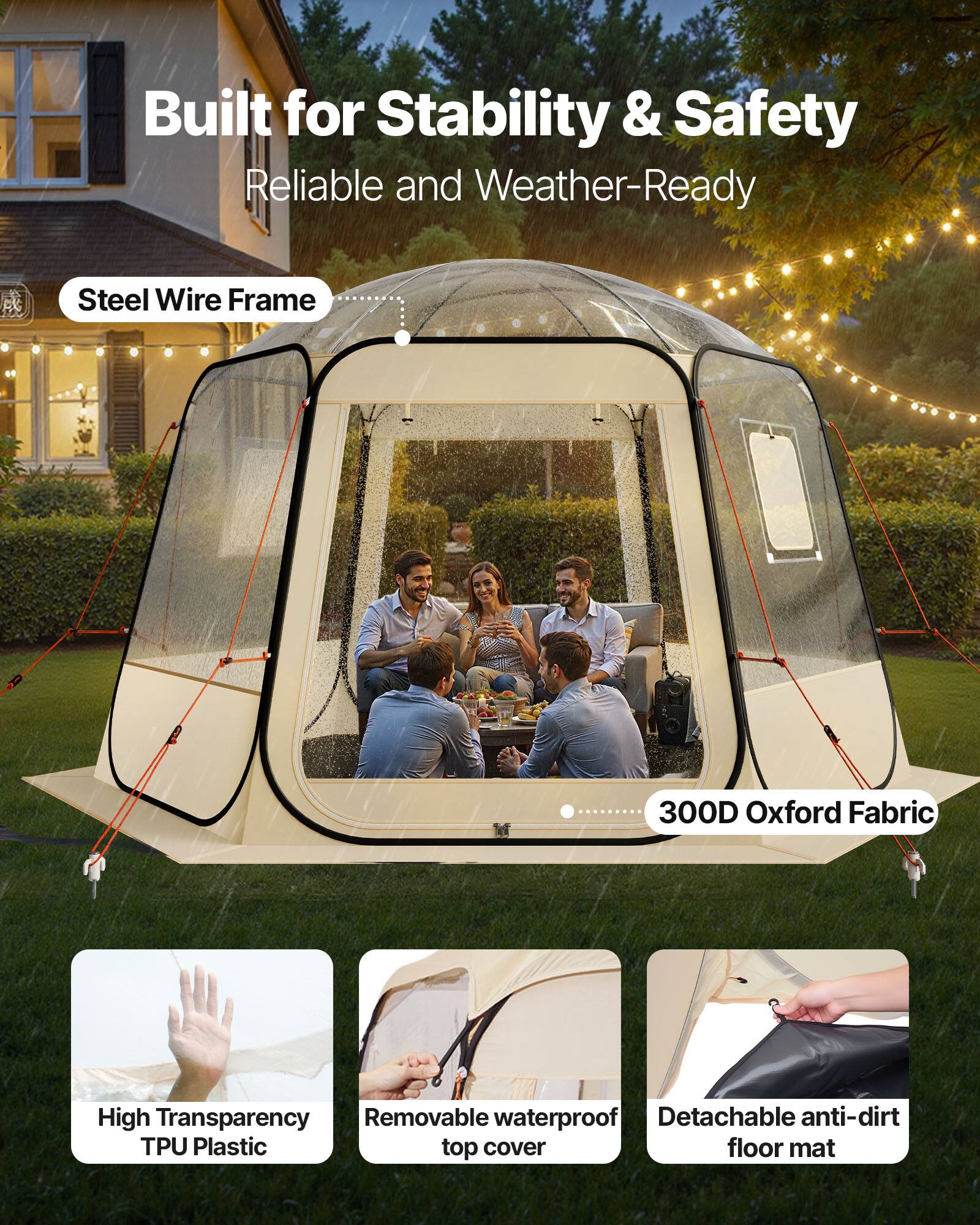 Built for Stability & Safety  
Reliable and Weather-Ready  

- Steel Wire Frame  
- 300D Oxford Fabric  
- High Transparency TPU Plastic  
- Removable waterproof top cover  
- Detachable anti-dirt floor mat
