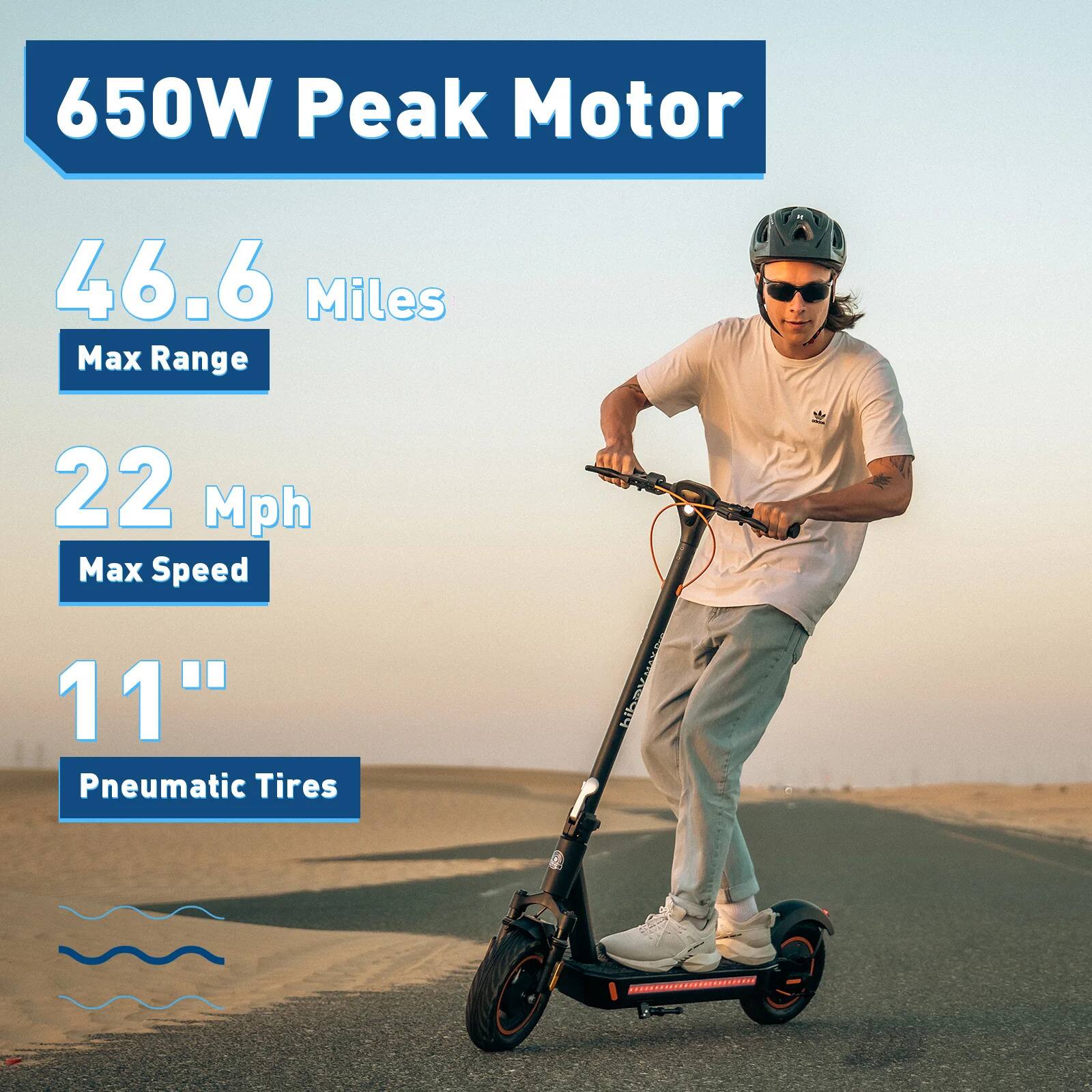650W Peak Motor  
46.6 Miles Max Range  
22 Mph Max Speed  
11" Pneumatic Tires