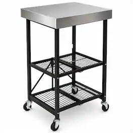Origami - RBT Fully Stainless Steel Foldable Kitchen Cart with 4 Wheels - Black