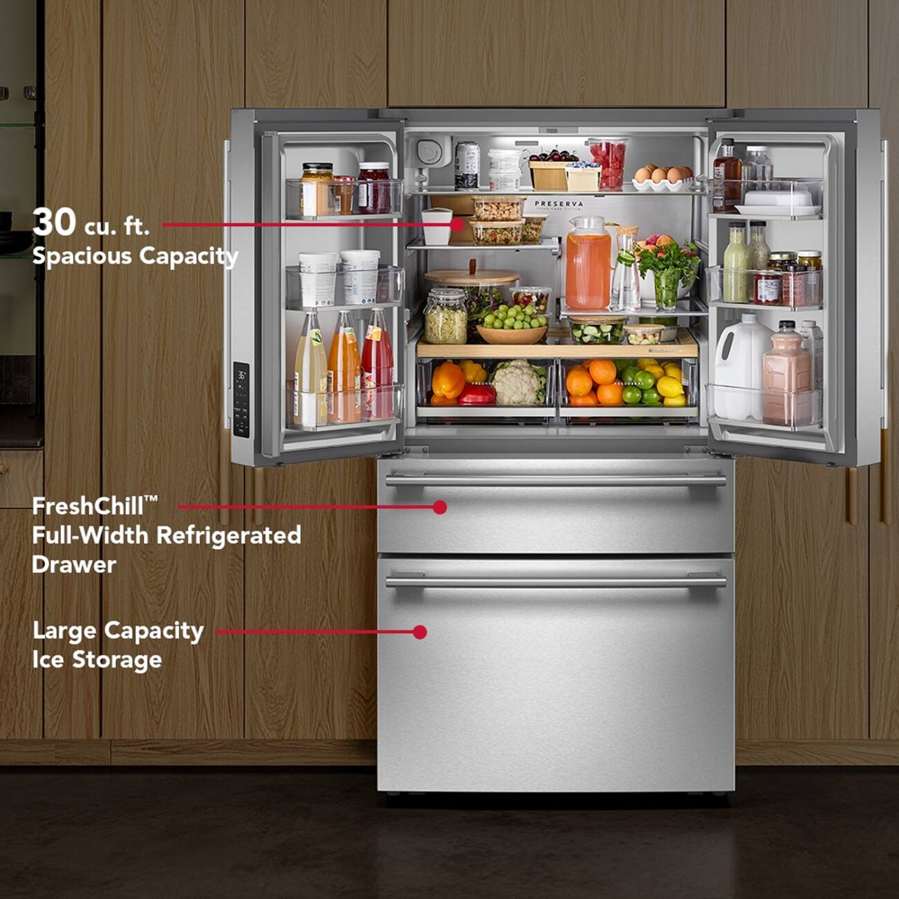 30 cu. ft. Spacious Capacity  
PRESERVA FreshChill™ Full-Width Refrigerated Drawer  
Large Capacity Ice Storage