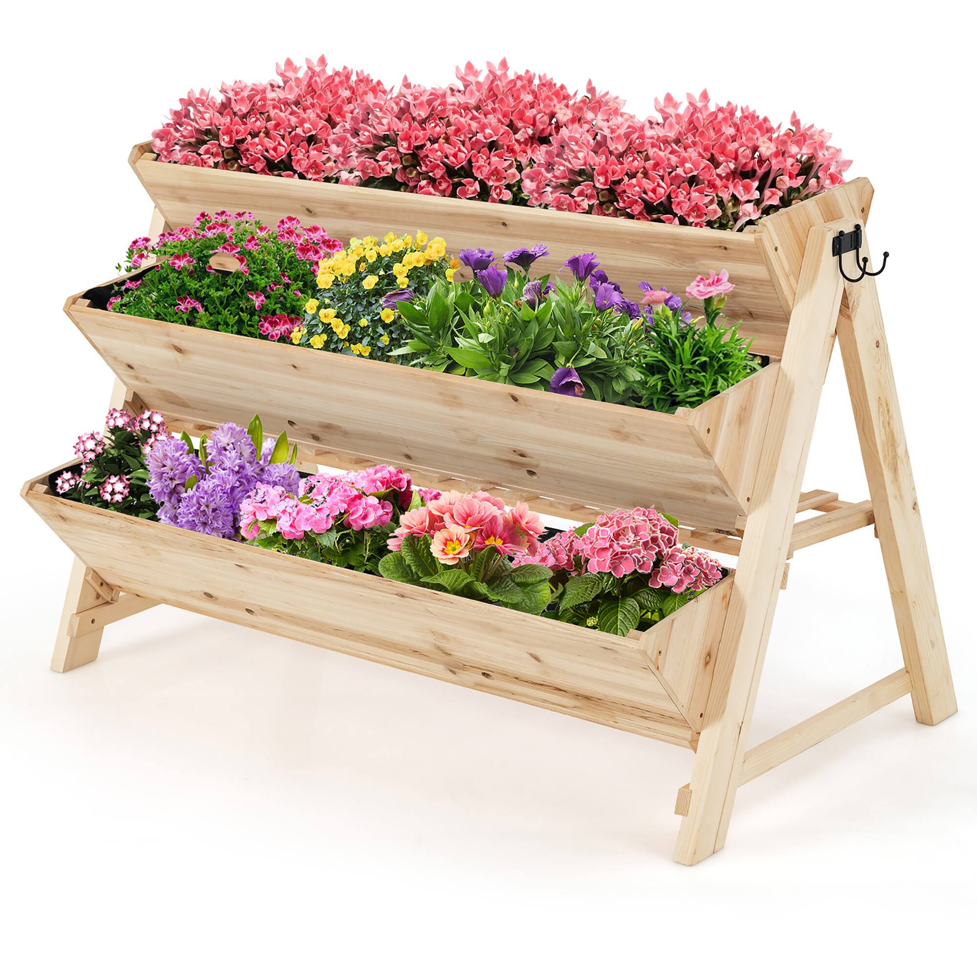 Costway - 3 Tier Wooden Vertical Raised Garden Bed w/Storage Shelf, Side Hook & Liners - Natural price history on PriceWatchPro