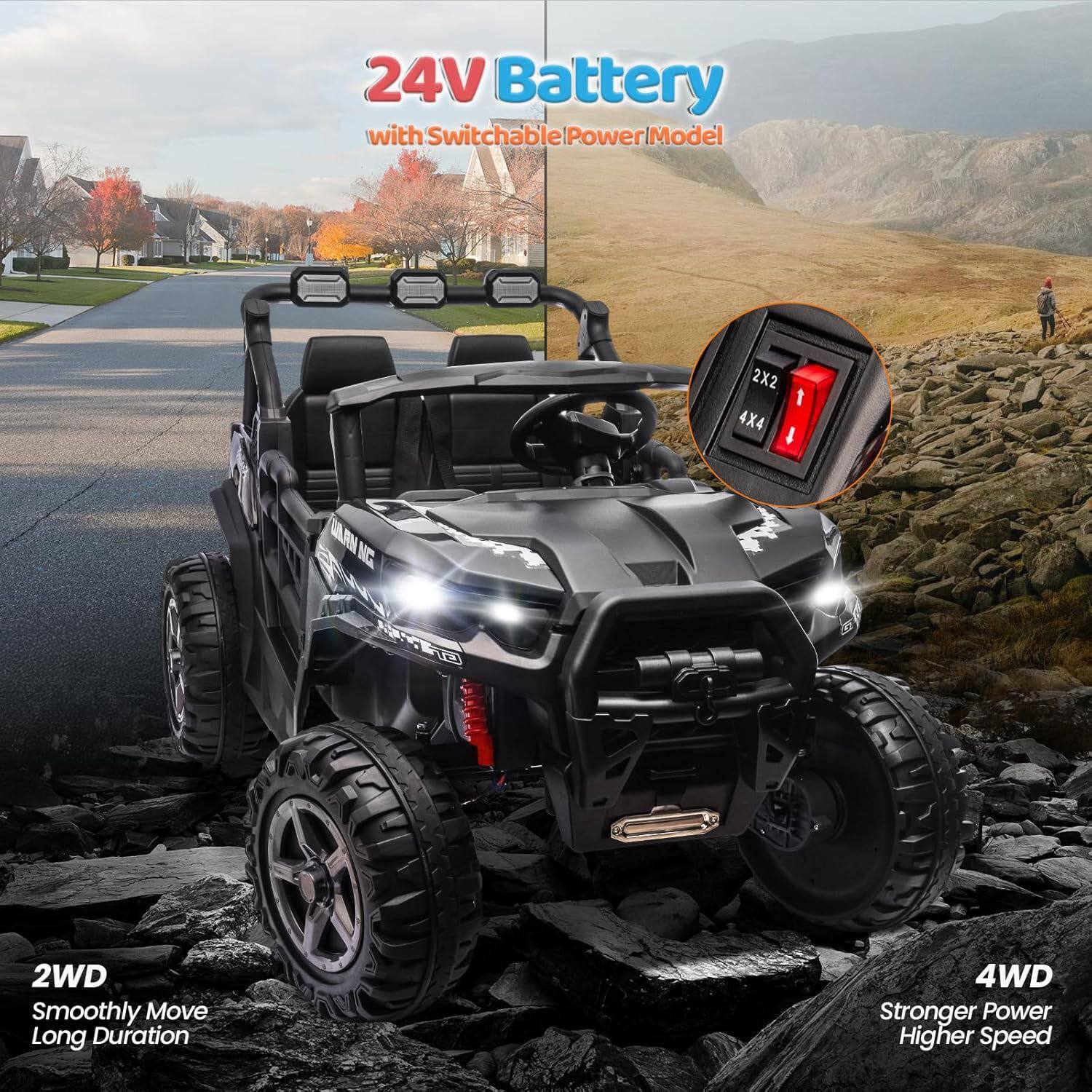 24V Battery with Switchable Power Model

2X2 1 4X4

2WD
Smoothly Move
Long Duration

4WD
Stronger Power
Higher Speed