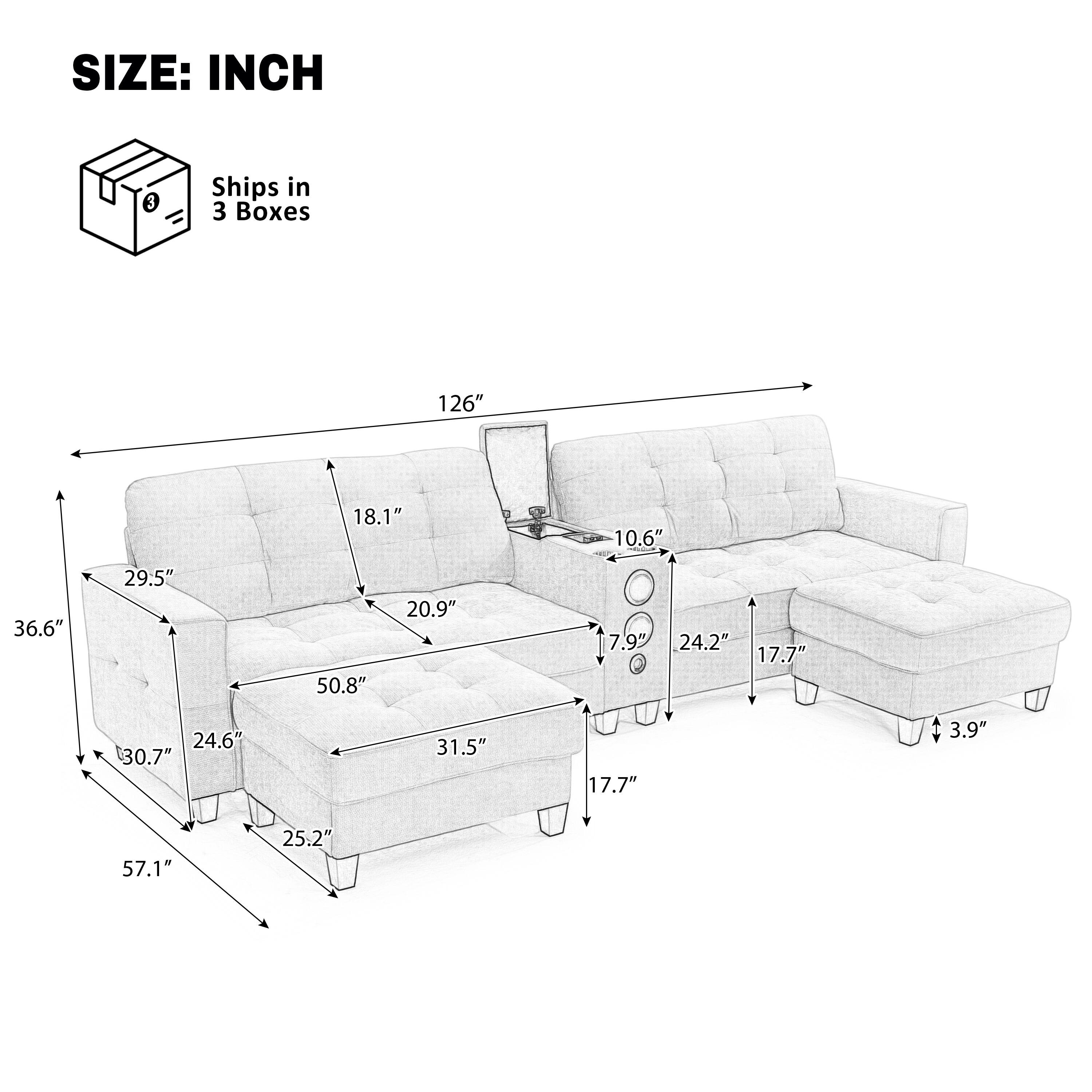 SIZE: INCH  
Ships in 3 Boxes  
126"  
18.1"  
10.6"  
36.6"  
29.5"  
50.8"  
20.9"  
17.9"  
24.2"  
17.7"  
24.6"  
30.7"  
31.5"  
17.7"  
3.9"  
57.1"  
25.2"