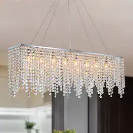 Siljoy - 10 Light Rectangle Crystal Chandelier Ideal for Dining Room & Kitchen Island Pendant Lighting - Silver