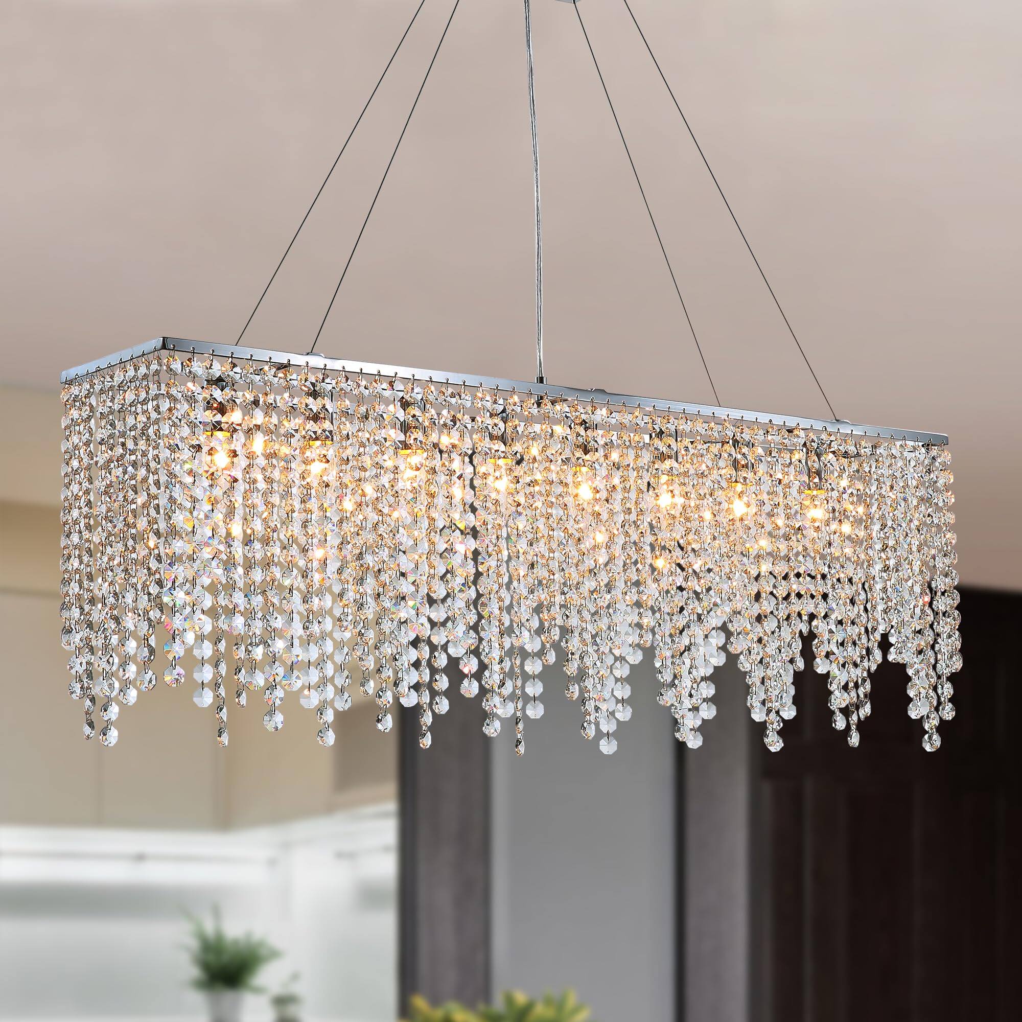 Front. Siljoy - 10 Light Rectangle Crystal Chandelier Ideal for Dining Room & Kitchen Island Pendant Lighting - Silver.