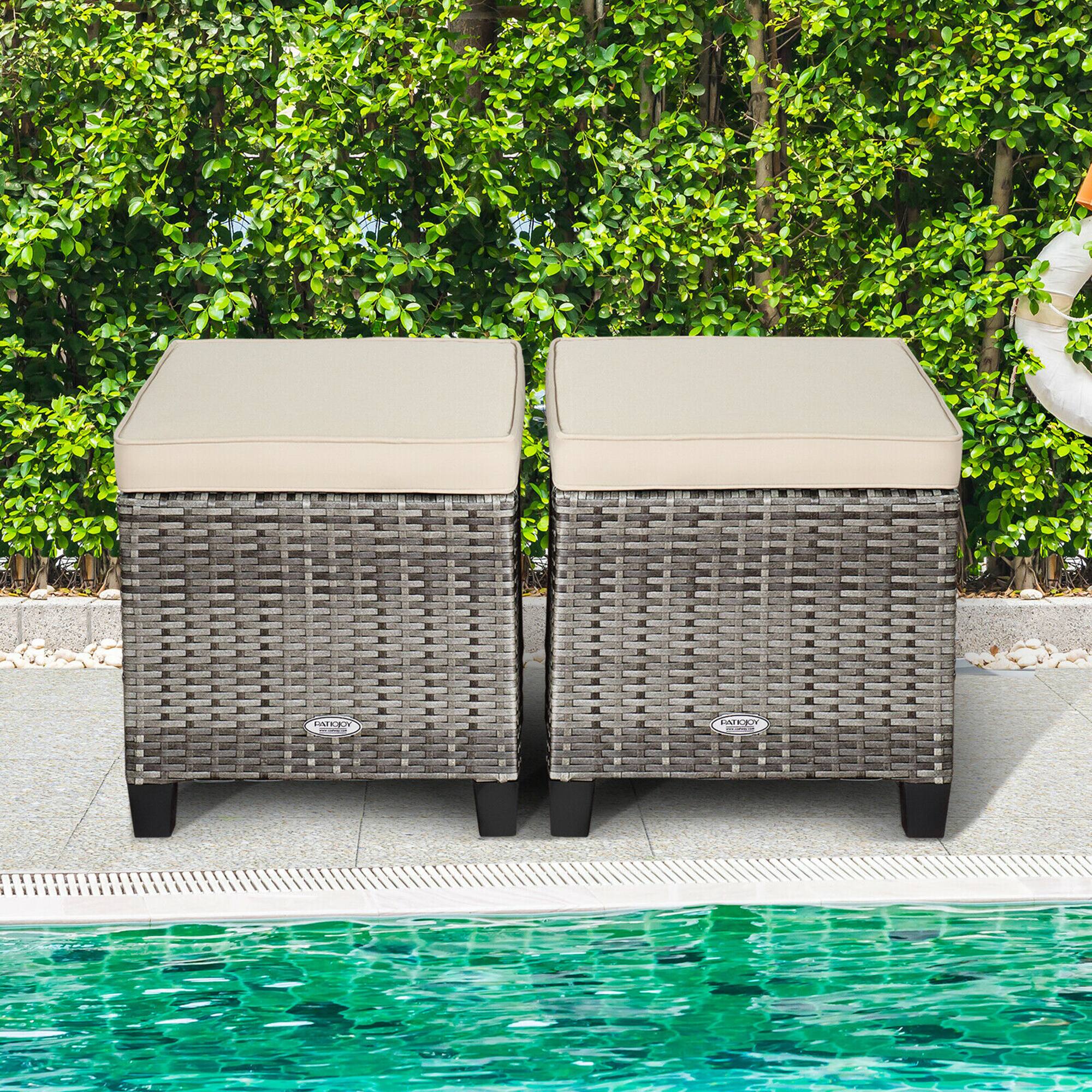 Front. Gymax - Gymax Set of 2 Rattan Patio Ottoman Footrest Wicker Footstool w/ Beige Cushions - Mix Gray, Beige.