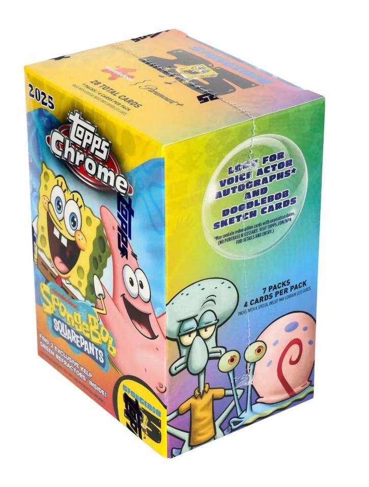 2025  
Topps Chrome  
SpongeBob SquarePants  

28 Total Cards  
7 Packs Per Box  
4 Cards Per Pack  

Look for Voice Actor Autographs* and Doglebob Sketch Cards  
*May contain redaction cards with expiration dates. Visit TOPPS.COM/NPN for details and entry. (No purchase necessary.)  

Find 2 Exclusive Refractors Kelp Inside!  

*May contain less than 4 cards per pack. Packs with a special insert may contain less cards.  

*May contain redaction cards with expiration dates. Visit TOPPS.COM/NPN for details and entry. (No purchase necessary.)