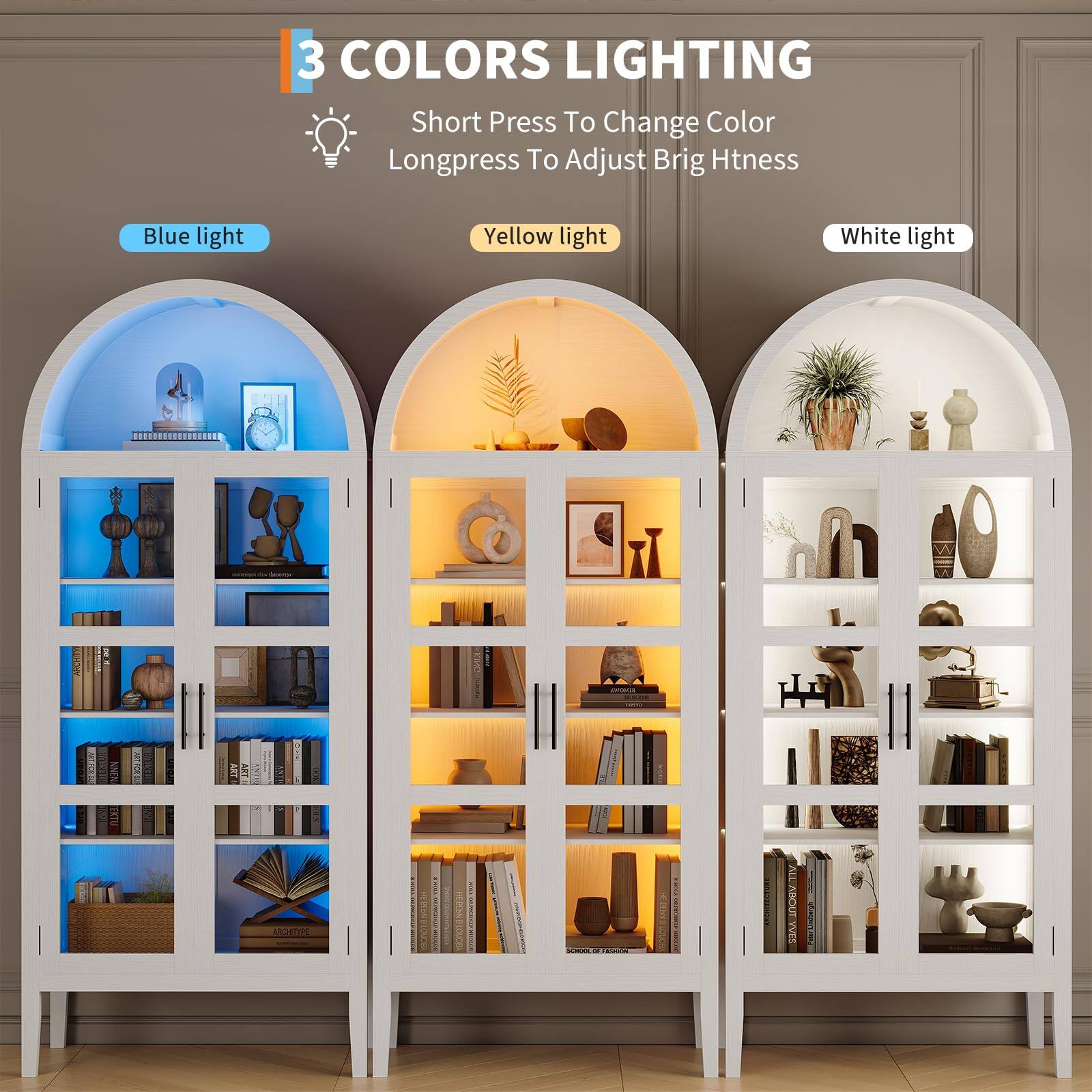3 COLORS LIGHTING  
Short Press To Change Color  
Longpress To Adjust Brightness  

Blue light  
Yellow light  
White light