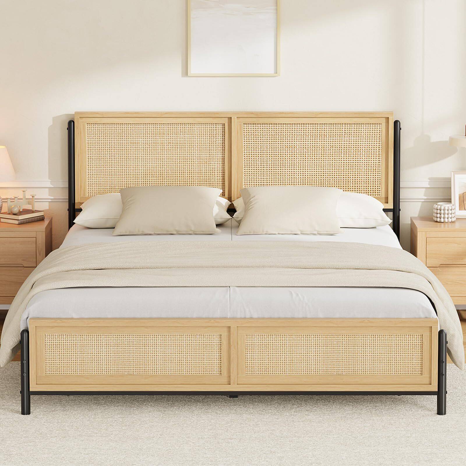 Front. Qeetex - King Oak Boho Bed Frame with Natural Rattan Headboard and Footboard Wooden Platform Bed No Box Spring Needed Noise-Free - As Shown.
