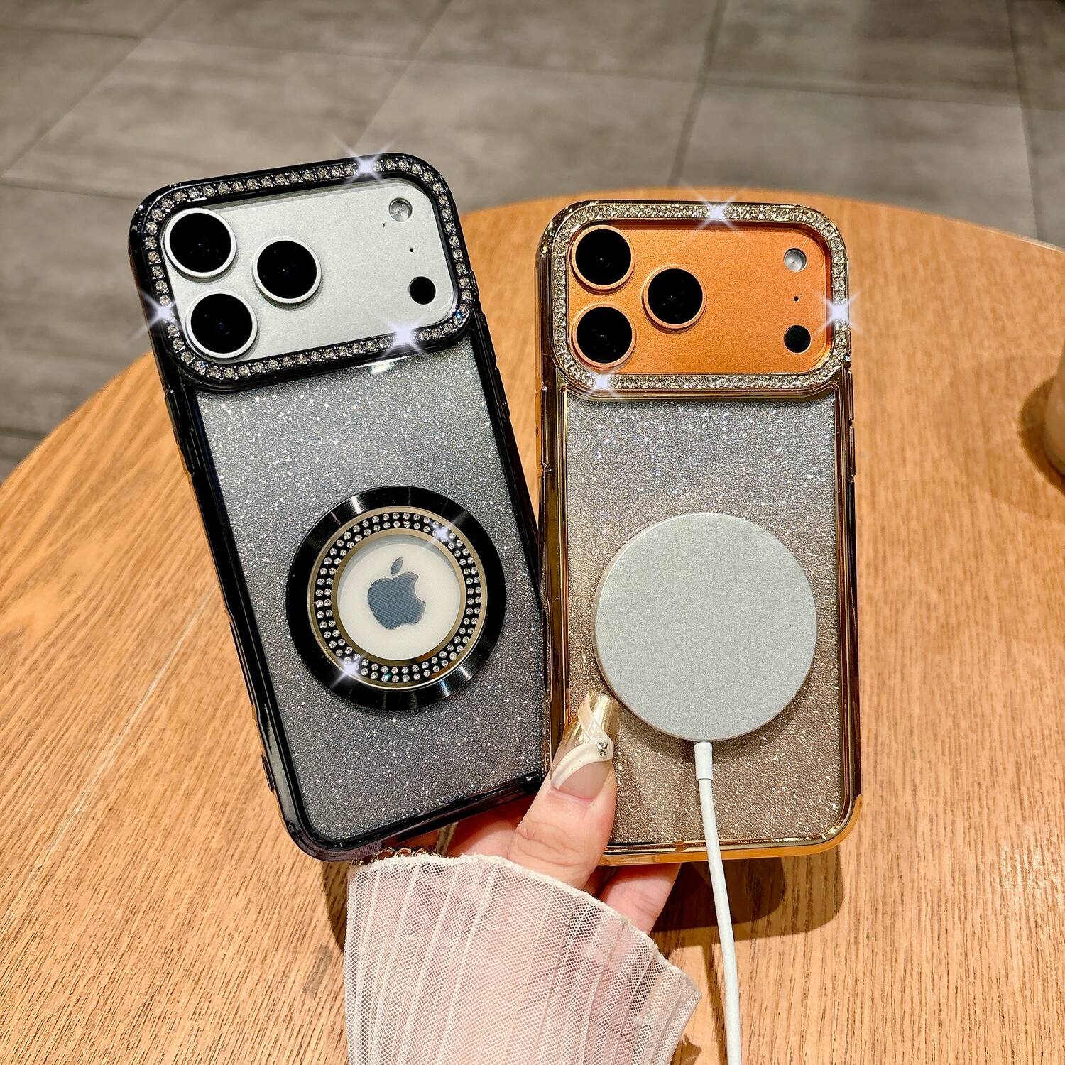 Left. Dteck - Glitter Gradient Phone Case for Apple iPhone 17 Pro with Diamond Camera Bezel, Magnetic Slim Shockproof Protective Cover - Orange.