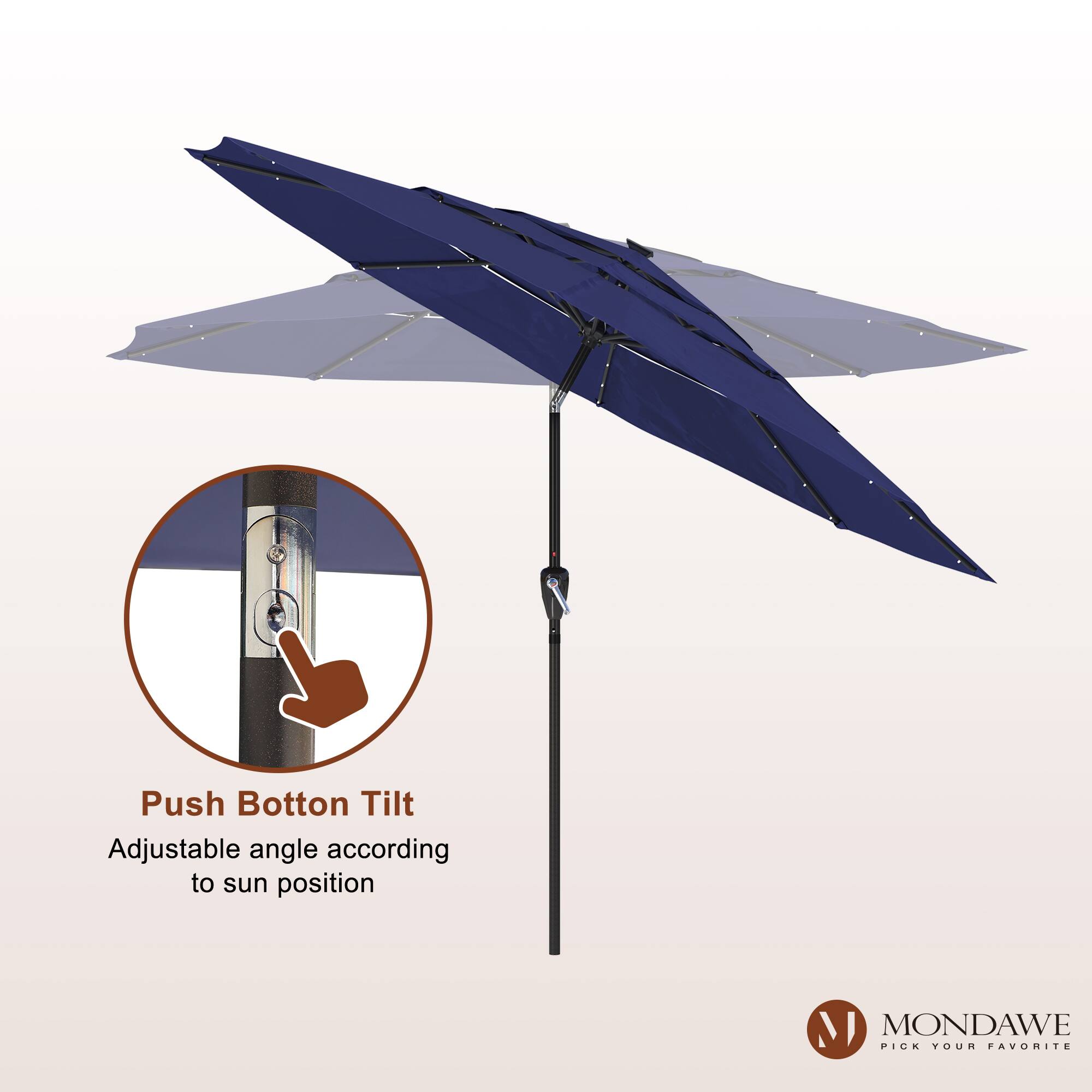 Push Button Tilt  
Adjustable angle according to sun position  

MONDAWE  
PICK YOUR FAVORITE