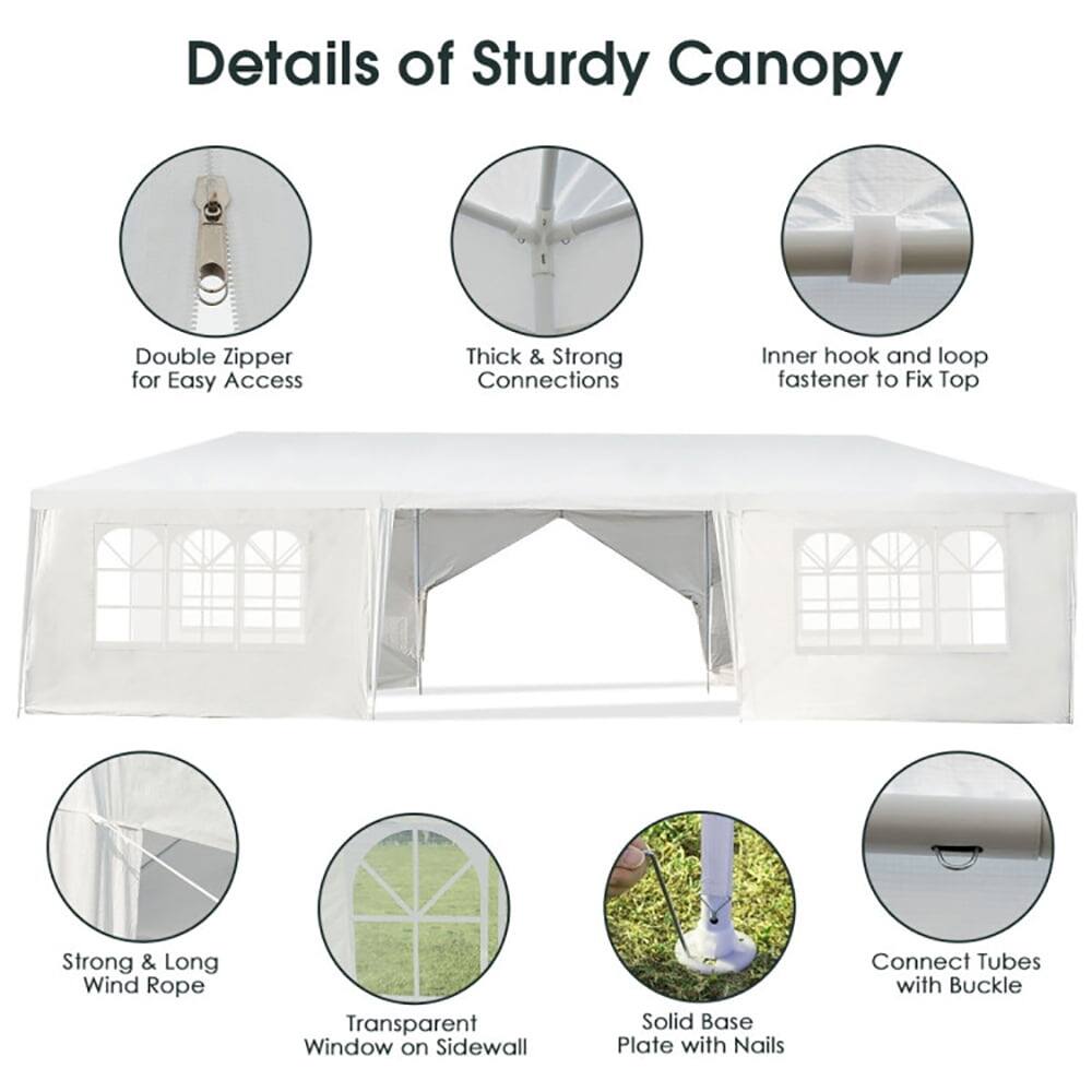 Details of Sturdy Canopy

- Double Zipper for Easy Access
- Thick & Strong Connections
- Inner hook and loop fastener to Fix Top
- Strong & Long Wind Rope
- Transparent Window on Sidewall
- Solid Base Plate with Nails
- Connect Tubes with Buckle