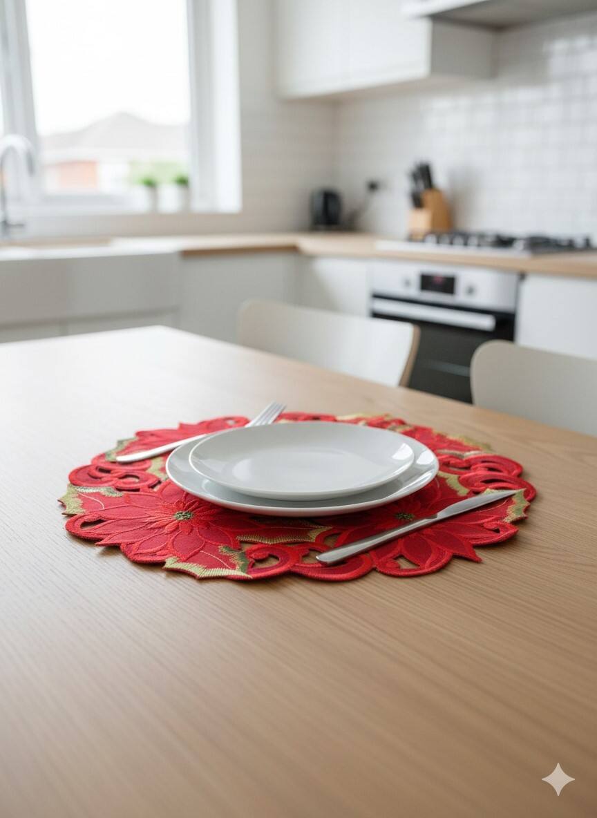 Angle. Jiallo - Poinsettia and Green Leaf Embroidered Cutwork Round Placemat, 23-Inch diameter Table Linen - Red.
