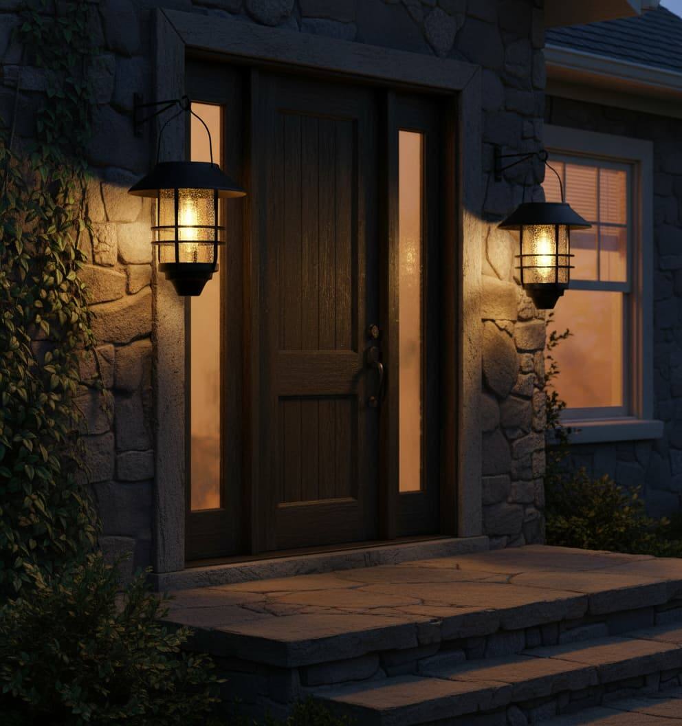 Alt View 2. FINEAK - 11" 2 Pack Solar Hanging Lanterns - Glass Metal Waterproof with Wall Mount Kit - Black.