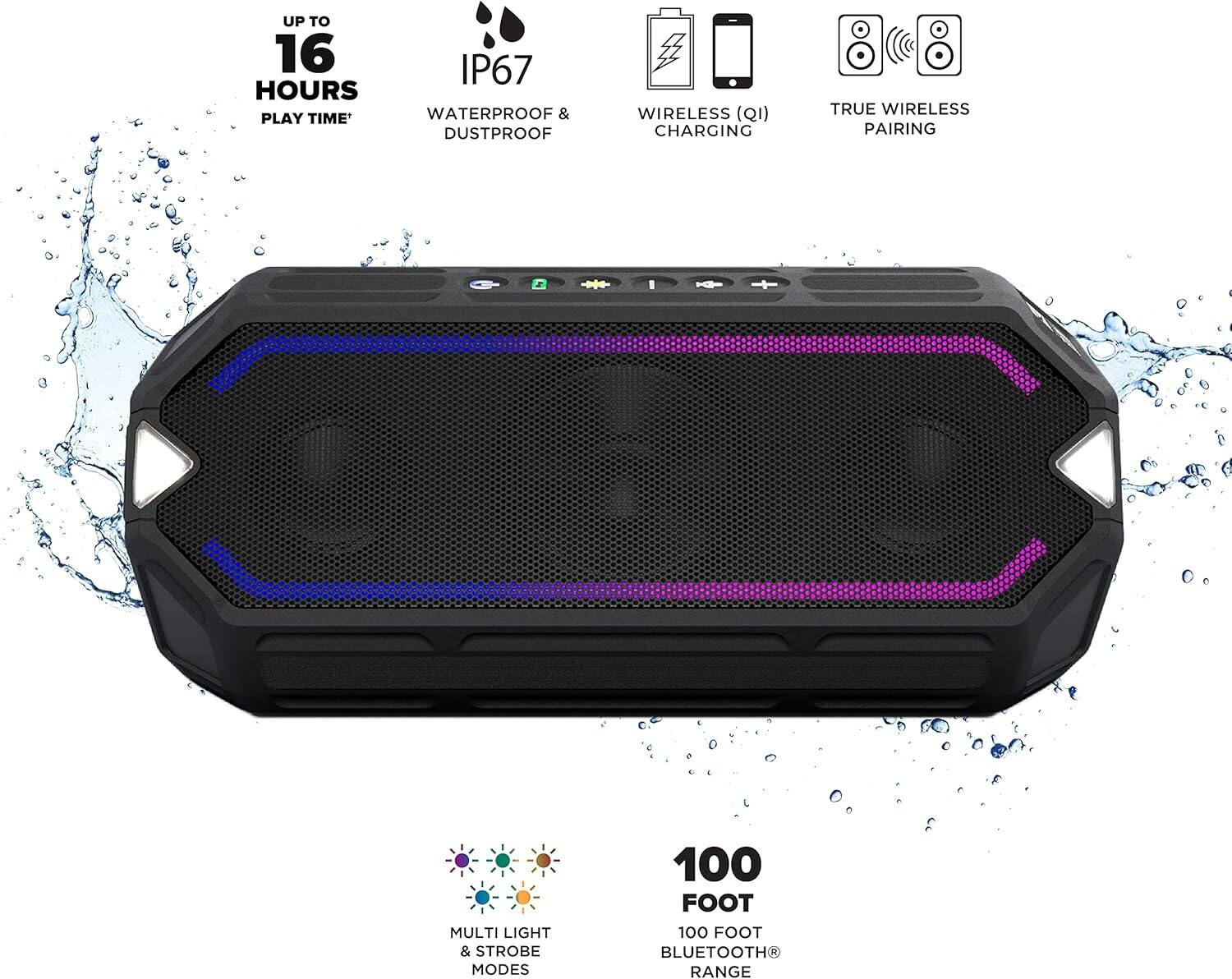 - UP TO 16 HOURS PLAY TIME*
- IP67 WATERPROOF & DUSTPROOF
- WIRELESS (QI) CHARGING
- TRUE WIRELESS PAIRING
- MULTI LIGHT & STROBE MODES
- 100 FOOT BLUETOOTH RANGE