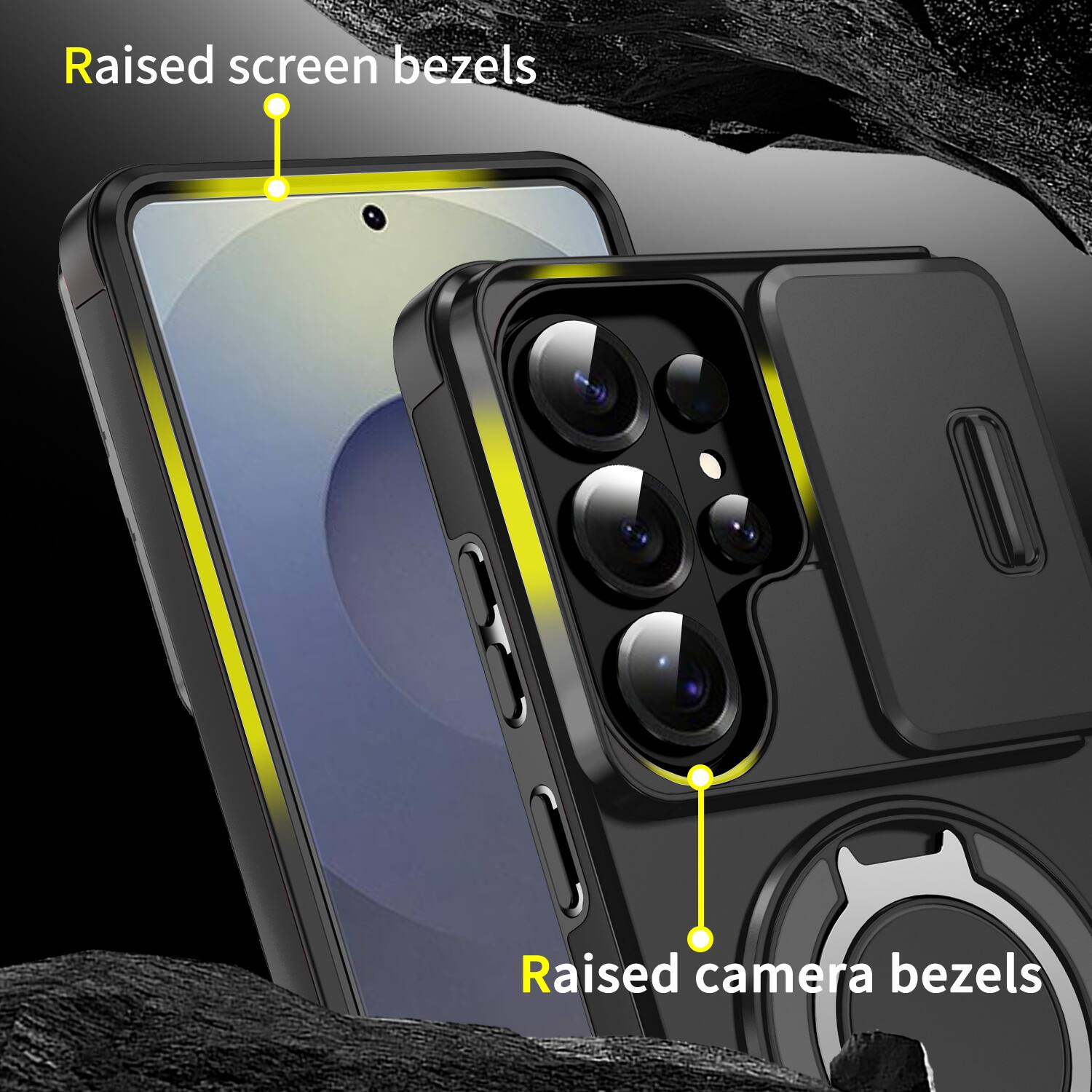 Raised screen bezels  
Raised camera bezels