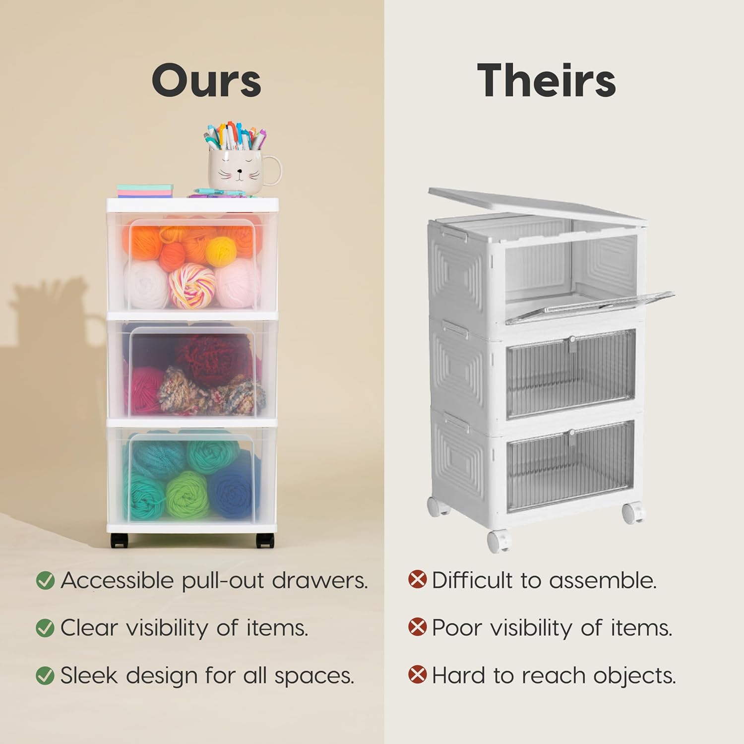 Ours:
- Accessible pull-out drawers.
- Clear visibility of items.
- Sleek design for all spaces.

Theirs:
- Difficult to assemble.
- Poor visibility of items.
- Hard to reach objects.