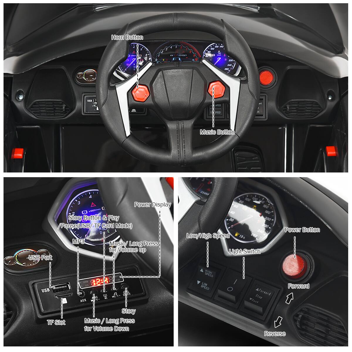 - Horn Button
- Music Button

- Power Display
- Story Button & Play / Pause (USB / TF Card Mode)
- Music / Long Press for Volume up
- USB Port
- TF Slot
- Music / Long Press for Volume Down
- USB
- AUX

- Power Button
- Low/High Speed
- Light Switch
- Forward
- Reverse