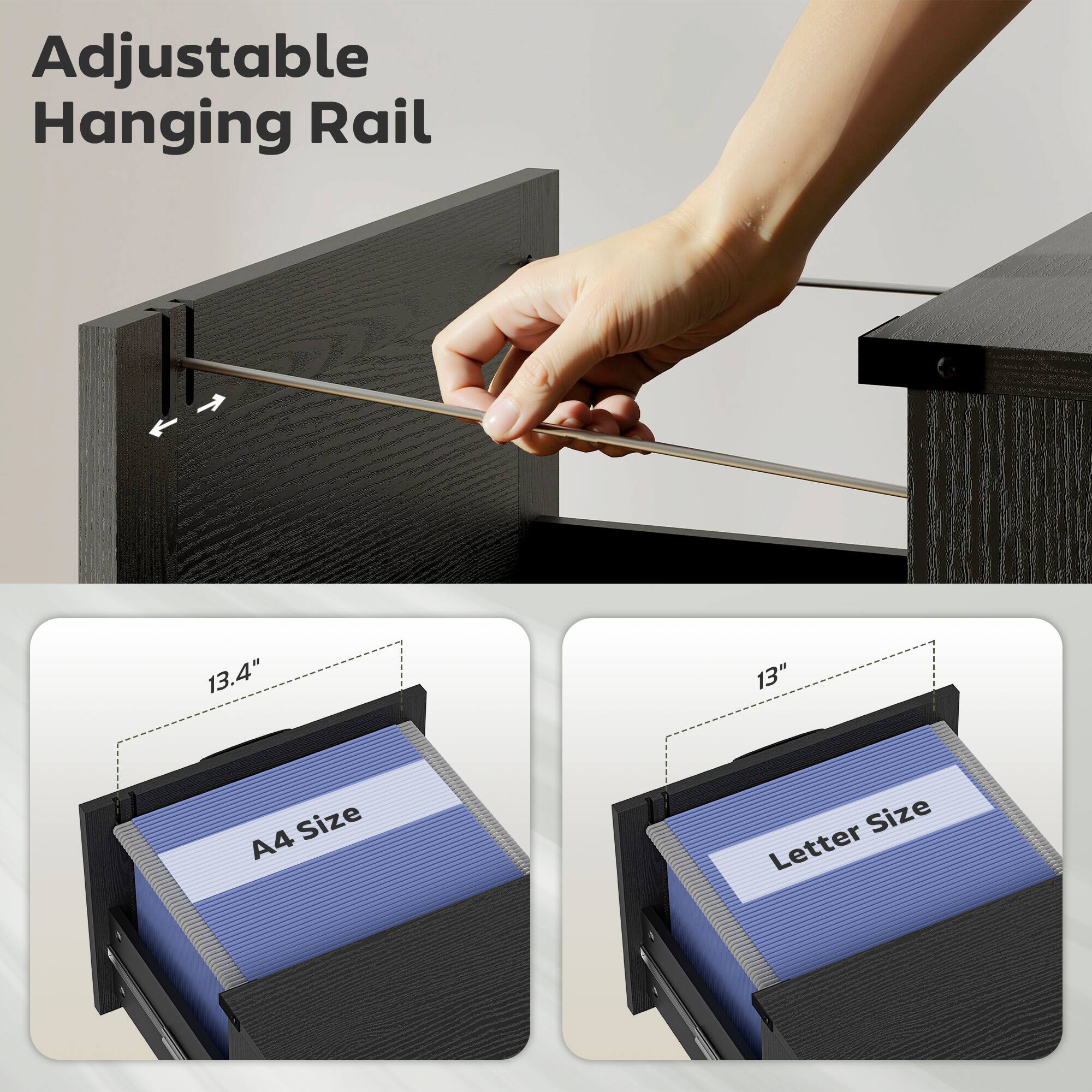 Adjustable Hanging Rail

13.4"  
13"  

A4 Size  
Letter Size