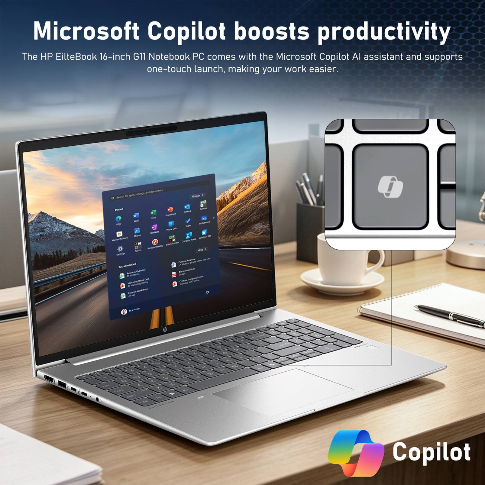 Microsoft Copilot boosts productivity

The HP EliteBook 16-inch G11 Notebook PC comes with the Microsoft Copilot AI assistant and supports one-touch launch, making your work easier.