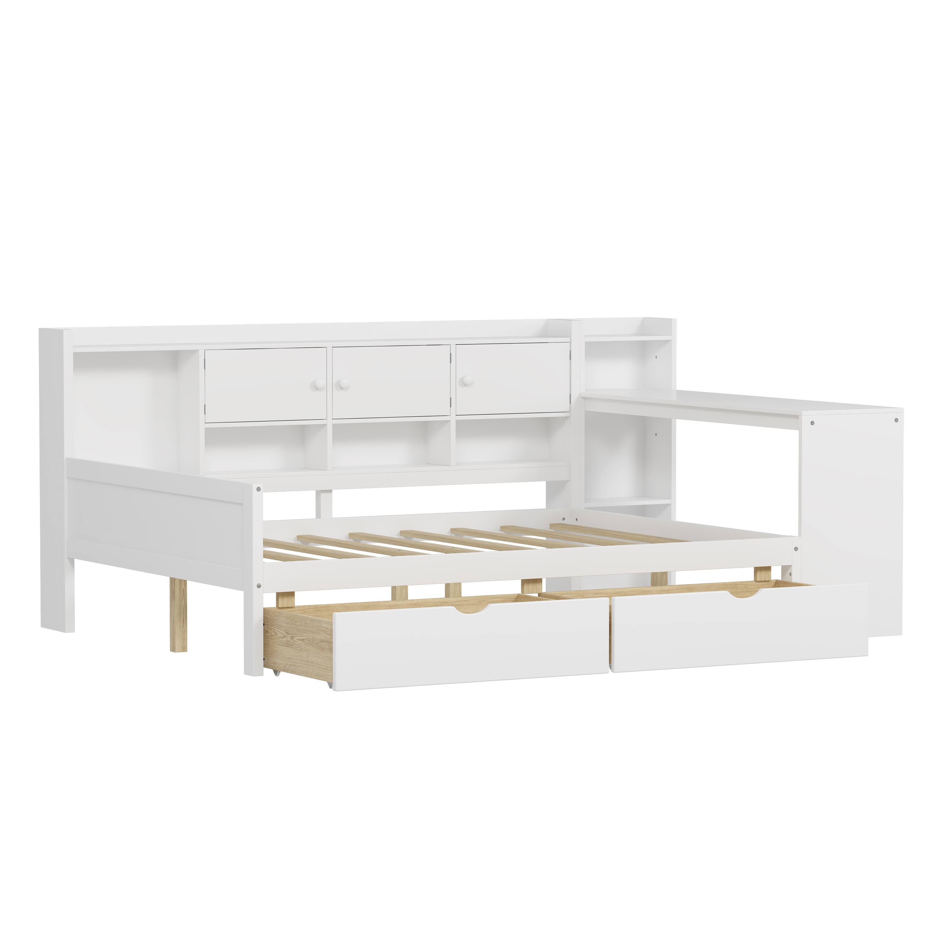 Alt View 1. Tiramisubest - Wooden L-Shape Daybed with Storage Cabinets and Drawers, Multi-functional Bed with Study Desk and Built-in Bookshelf - White.