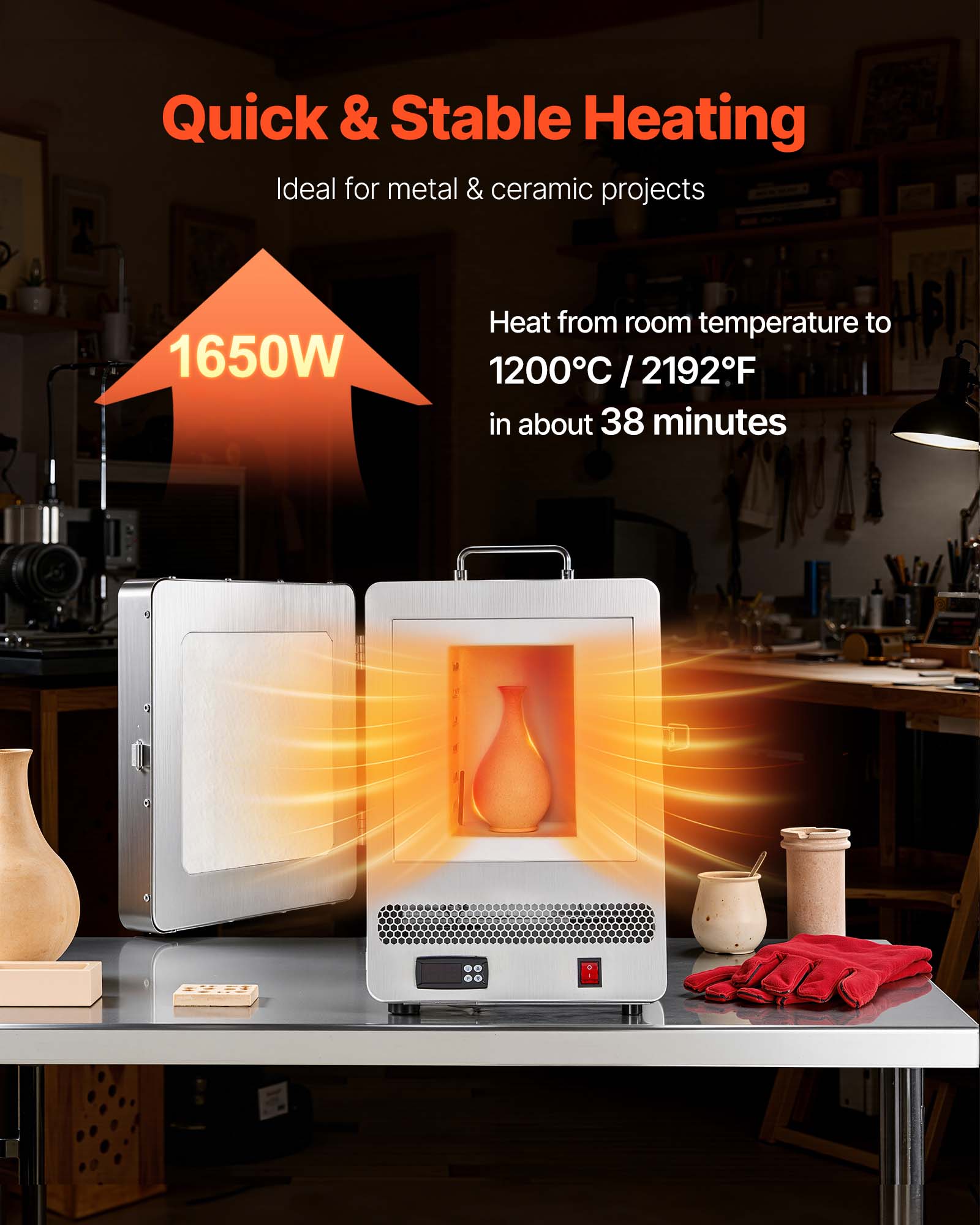 Quick & Stable Heating  
Ideal for metal & ceramic projects  

1650W  

Heat from room temperature to 1200°C / 2192°F in about 38 minutes  

$4.73