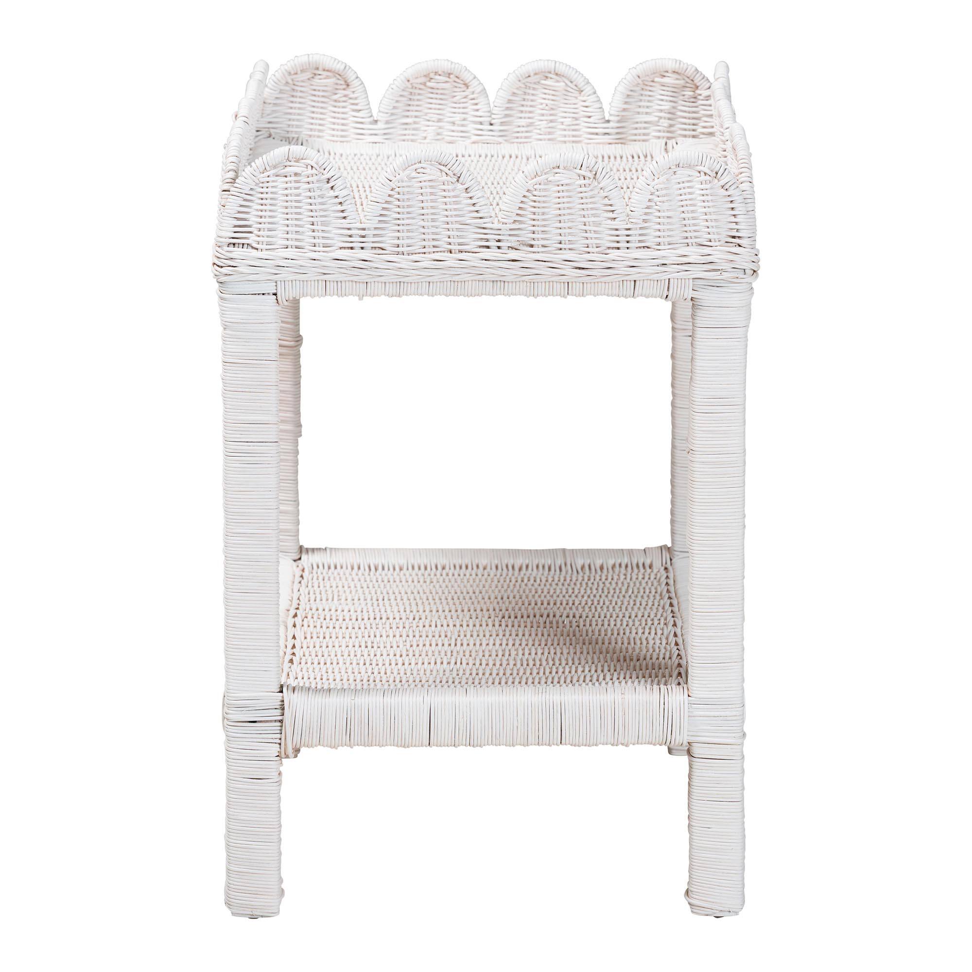 Left. bali & pari - Sumana Natural Rattan Side Table - Handwoven Wicker 2-Tier Accent End Table with Scalloped Tray Top for Living Room - White.