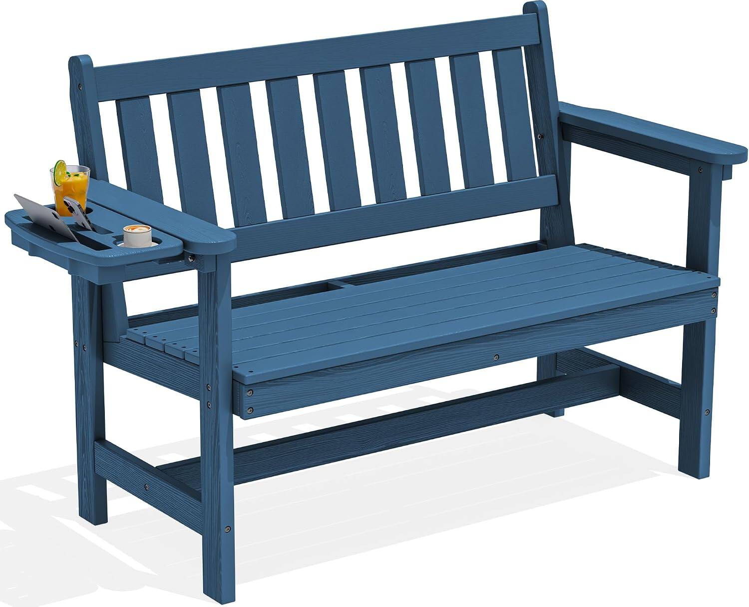 Front. SERWALL - SERWALL HDPE Outdoor Bench with Cup Holder, 660 lbs Weight Capacity Weatherproof Porch Bench for Garden Park, Blue - Blue.