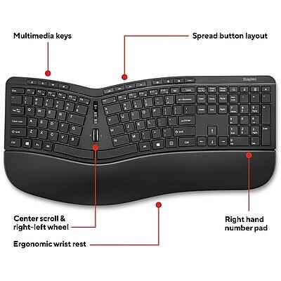 Multimedia keys  
Spread button layout  
Center scroll & right-left wheel  
Right hand number pad  
Ergonomic wrist rest