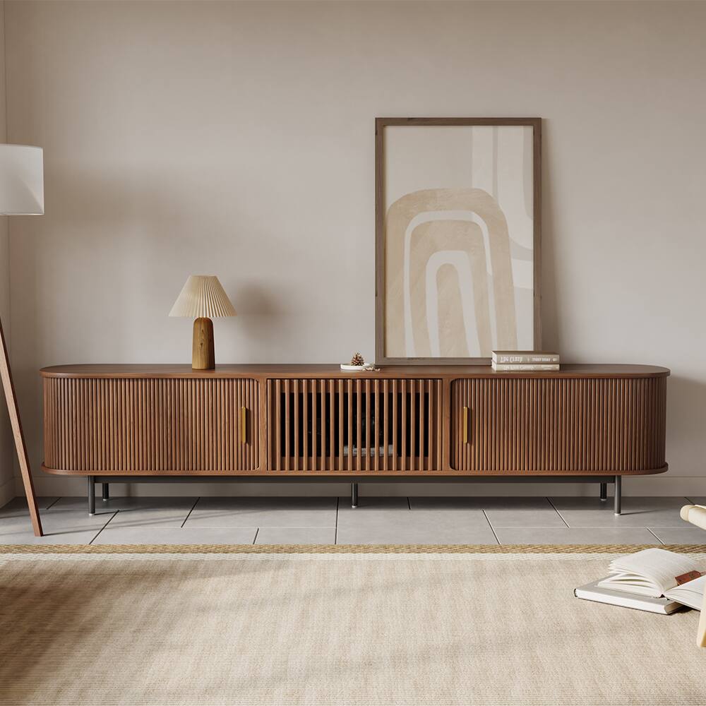 POVISON 94"Mid Century Modern Tambour Door TV Stand Walnut - Best Buy