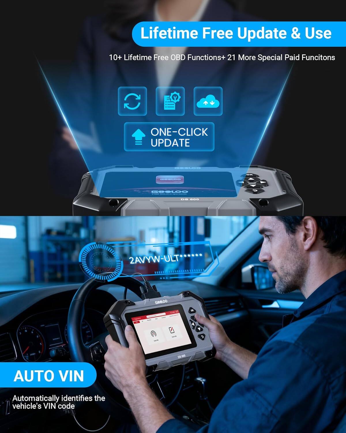 Lifetime Free Update & Use  
10+ Lifetime Free OBD Functions + 21 More Special Paid Functions  
ONE-CLICK UPDATE  
AUTO VIN  
Automatically identifies the vehicle's VIN code