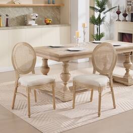 TinyHomie - Set of 2 Upholstered Chairs with Nature Rattan Round Back Wire drawing and carving techniques Disassemblable Stackable - Beige