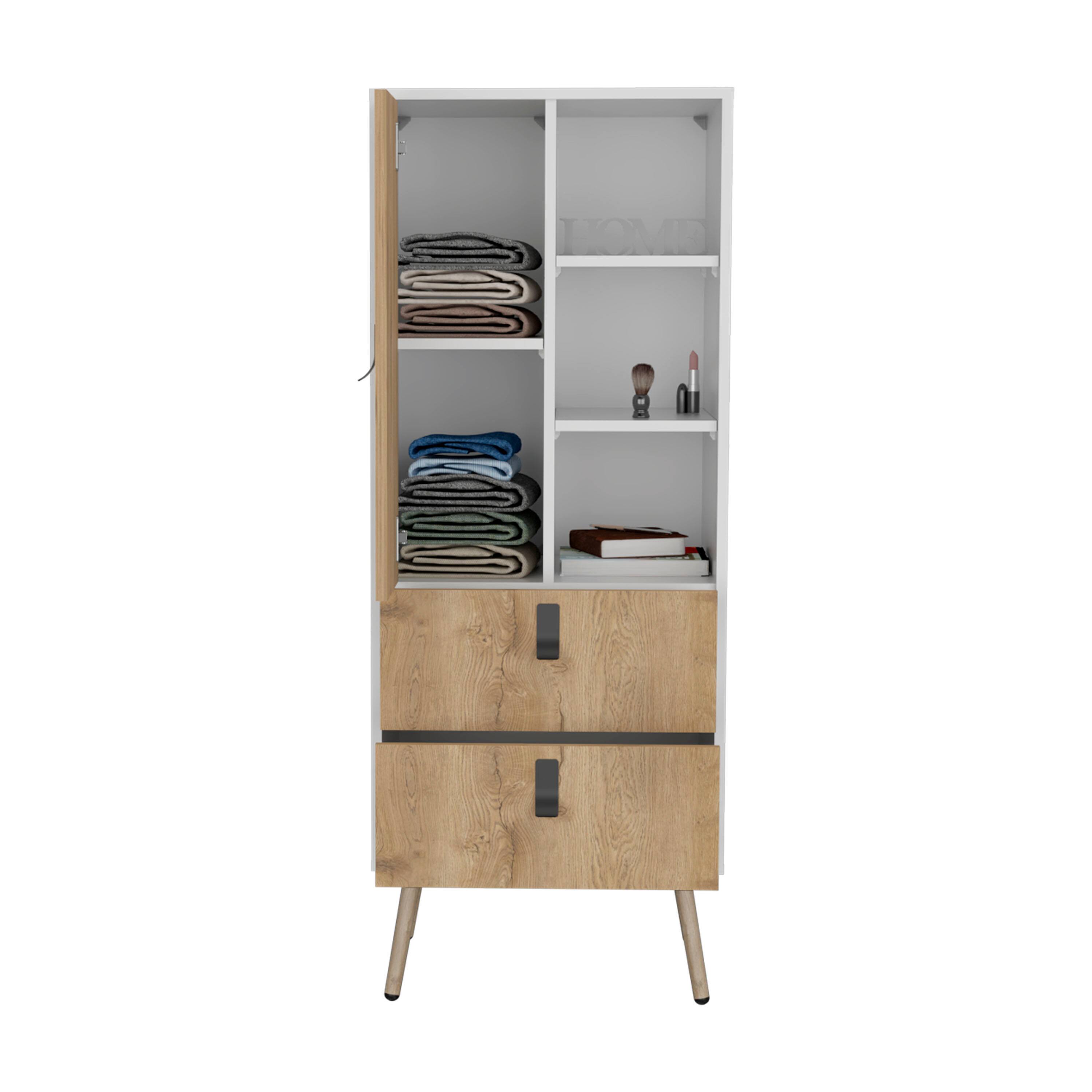 Alt View 2. TuHome - Huna Tall Dresser, Unit With Door, 2 Drawers, And Open Shelves - White / Macadamia.