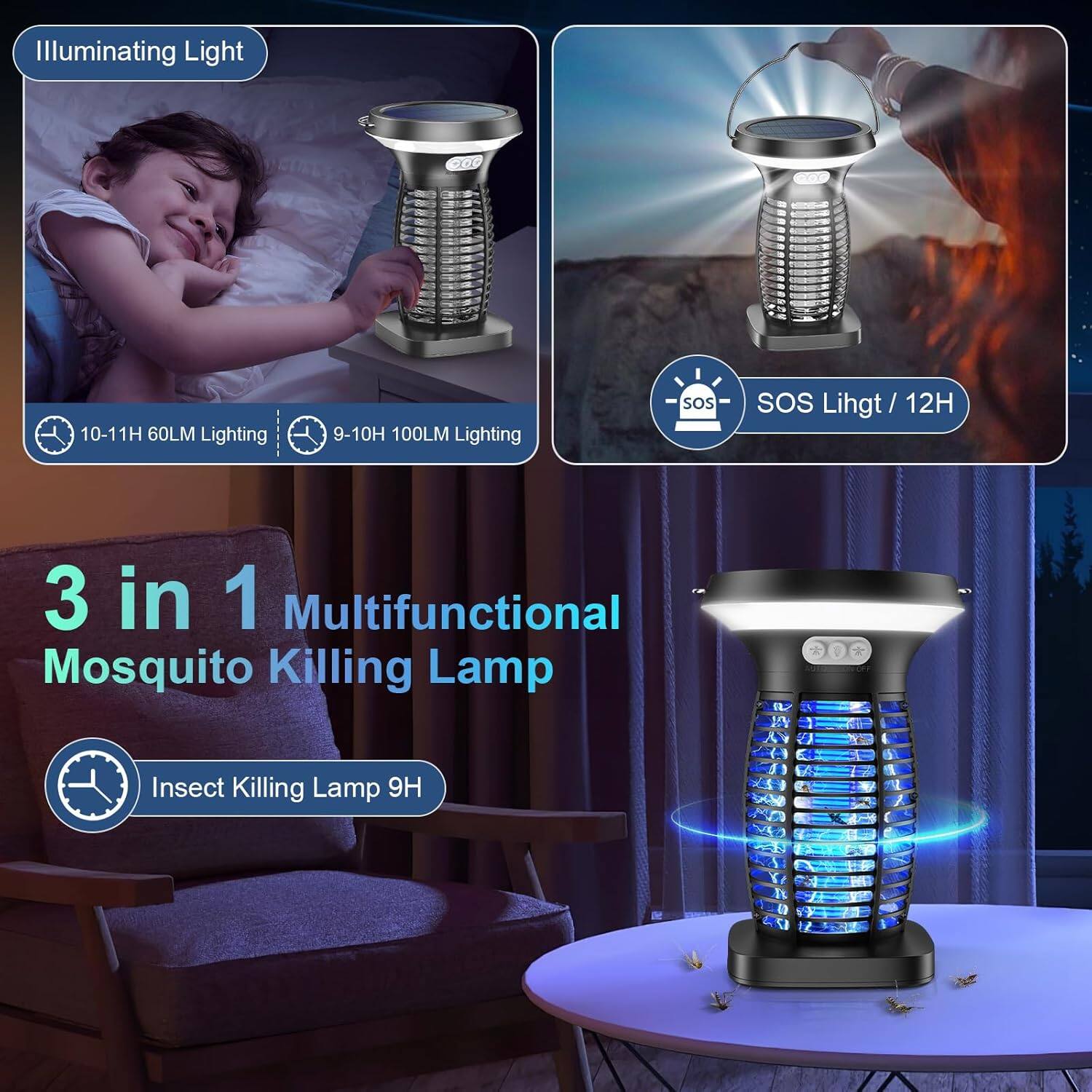 Illuminating Light  
10-11H 60LM Lighting  
9-10H 100LM Lighting  
SOS Light / 12H  
3 in 1 Multifunctional Mosquito Killing Lamp  
Insect Killing Lamp 9H