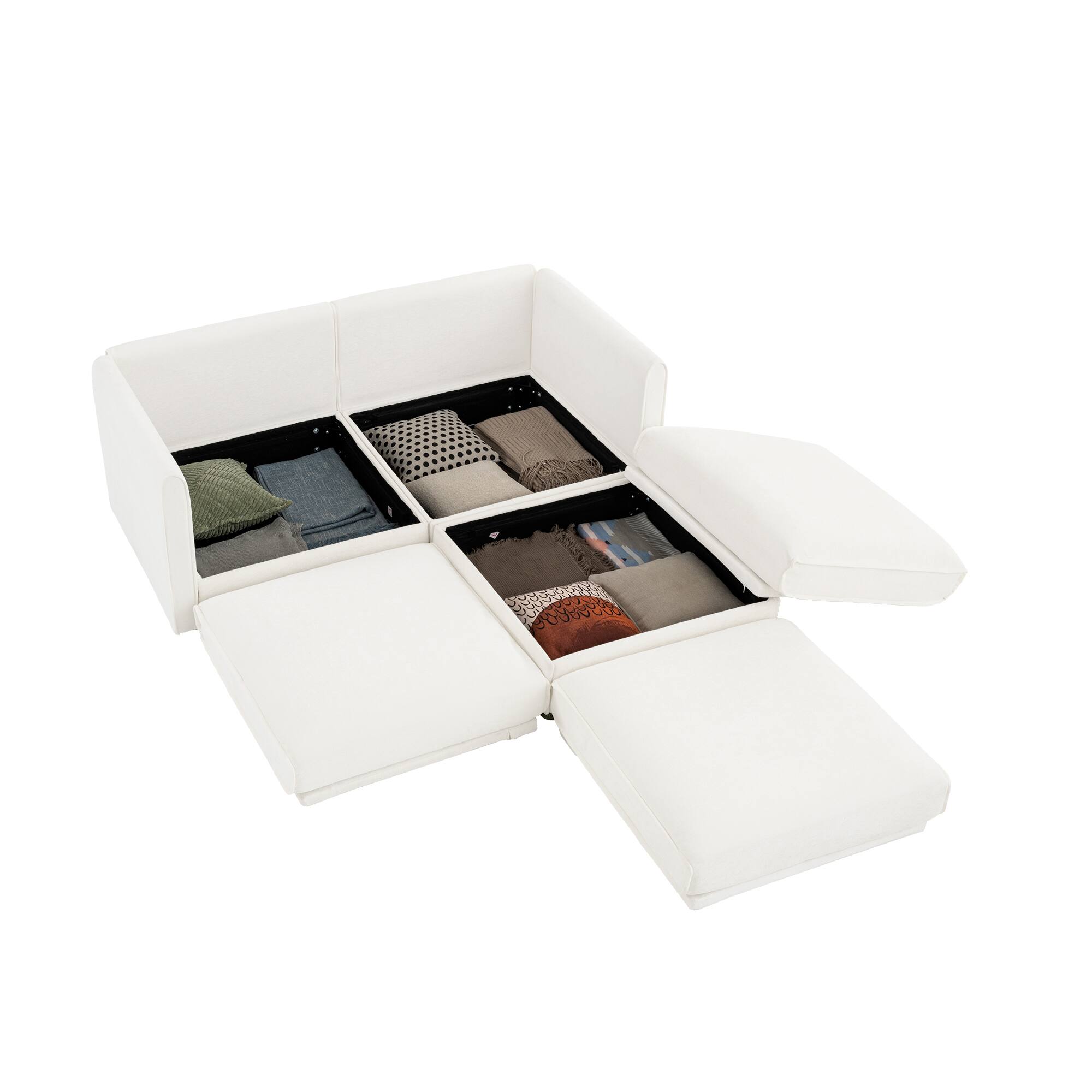 Left. Anysun - Chenille 2-Seater Loveseat with Ottoman Storage - Cylindrical Backrest & Armrests, Modern Hidden Storage Design - White.