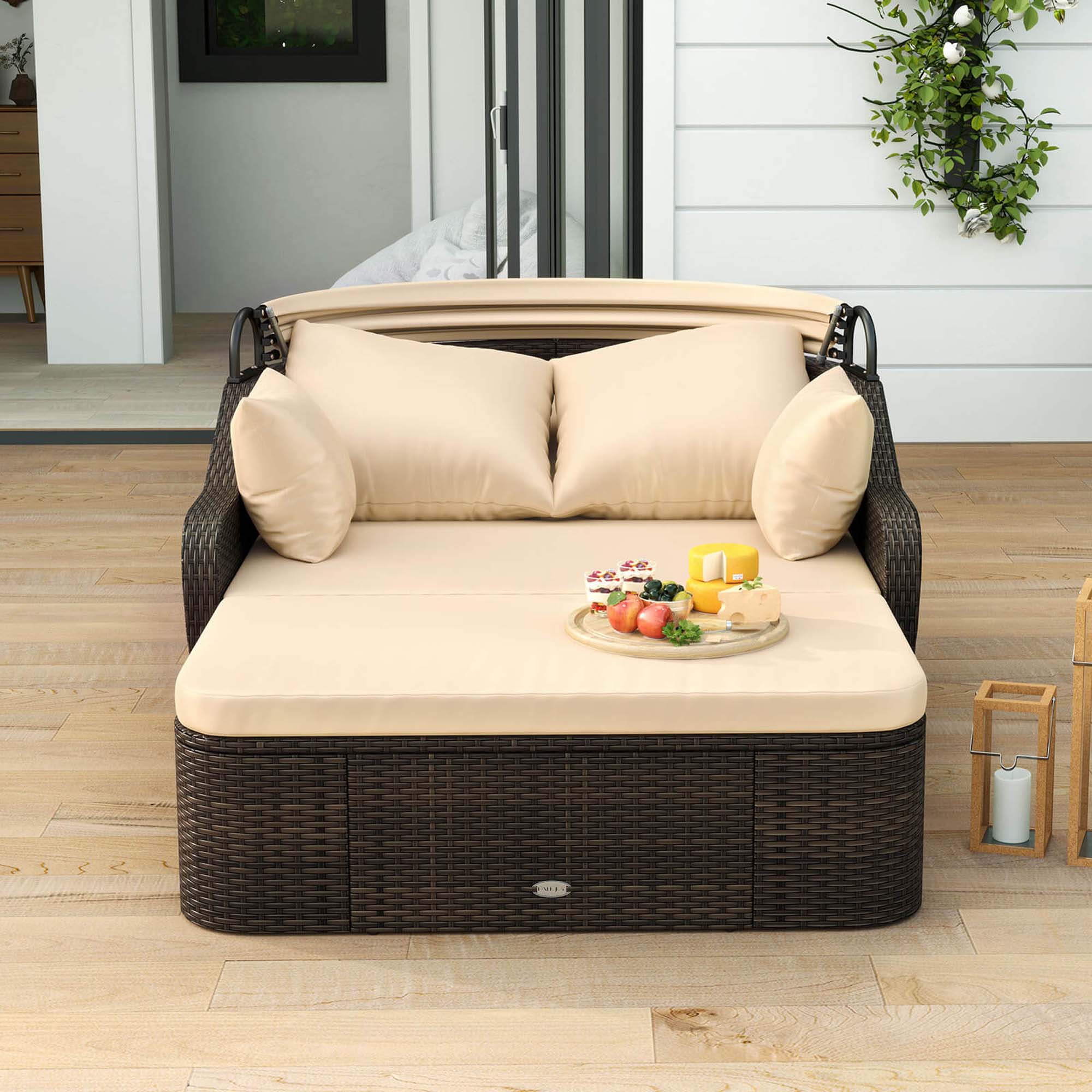 Alt View 3. Costway - Patio PE Rattan Daybed with Retractable Canopy Soft Cushions and Extra Pillows - Beige,Mix Brown.
