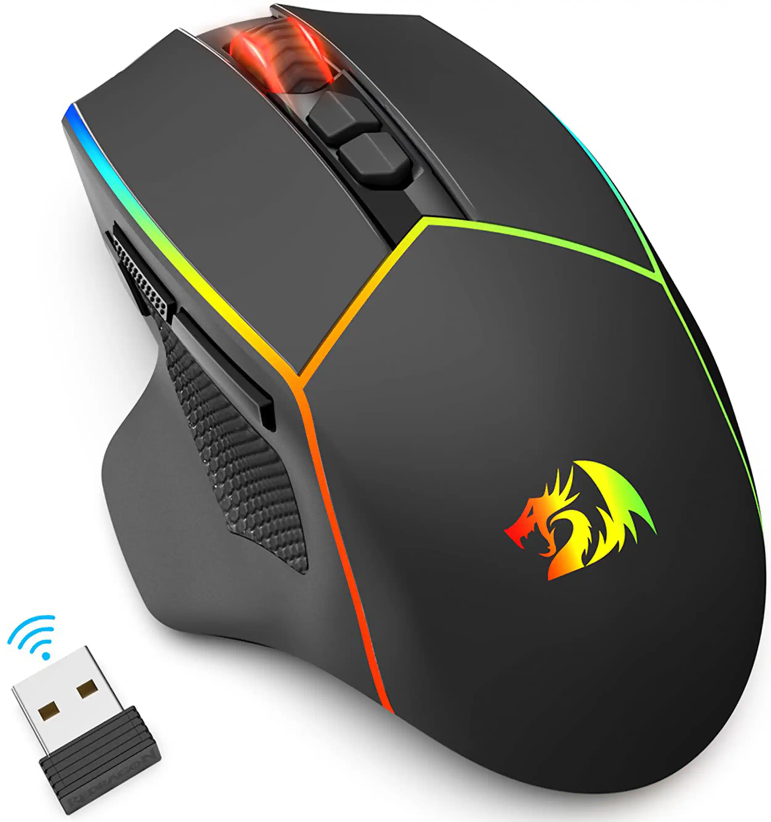 Front. REDRAGON - M814RGB-PRO Wireless Gaming Mouse, Tri-Mode, 8000 DPI, RGB, 8 Programmable Buttons, 250Hrs for PC/Mac/Laptop - Black.