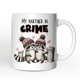 OrnamentallyYou - My Partner in Crime Love Racoons Mug For Couple, Funny Vintage Retro Gift - White