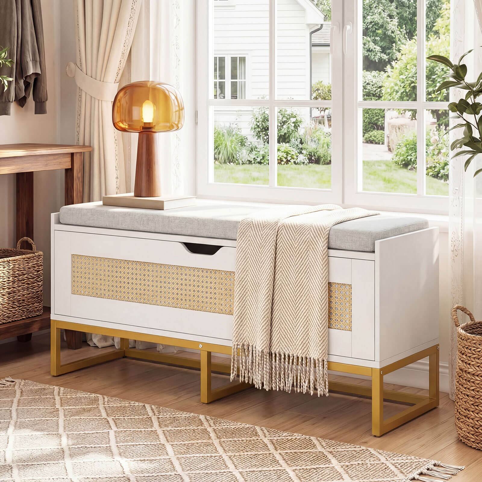 Alt View 4. Costway - Costway 39.5" Rattan Storage Chest with Padded Seat, Flip-Top and Safety Hinges for Bedroom - Gold, White.