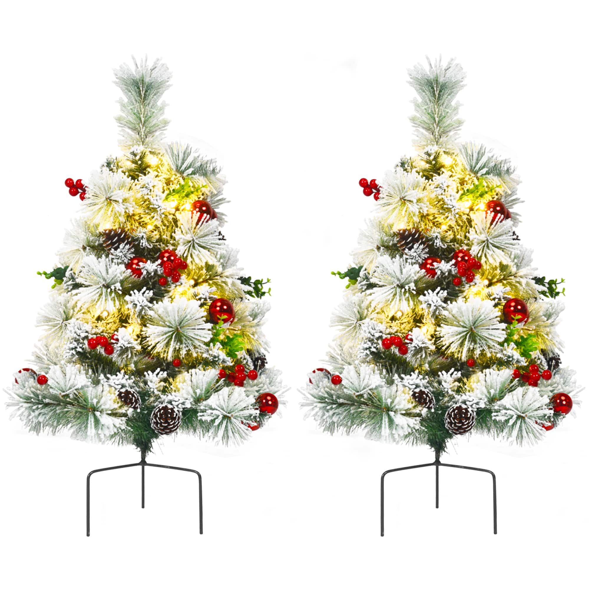 Gymax - 2PCS Pre-Lit Snow Flocked Christmas Tree Pathway Xmas Tree w/ 8 Flash Modes - Green
