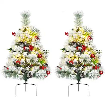 Front. Gymax - Gymax 2PCS Pre-Lit Snow Flocked Christmas Tree Pathway Xmas Tree w/ 8 Flash Modes - Green.