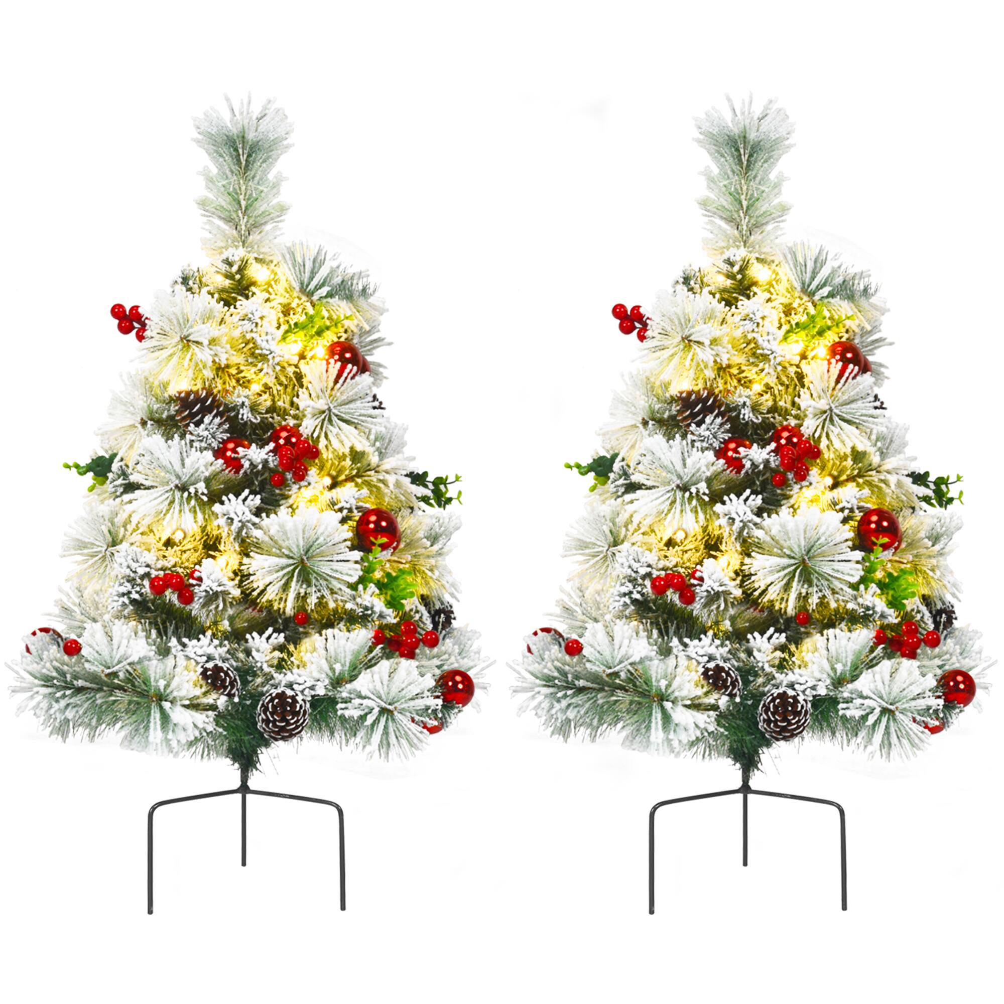 Gymax - 2PCS Pre-Lit Snow Flocked Christmas Tree Pathway Xmas Tree w/ 8 Flash Modes - Green