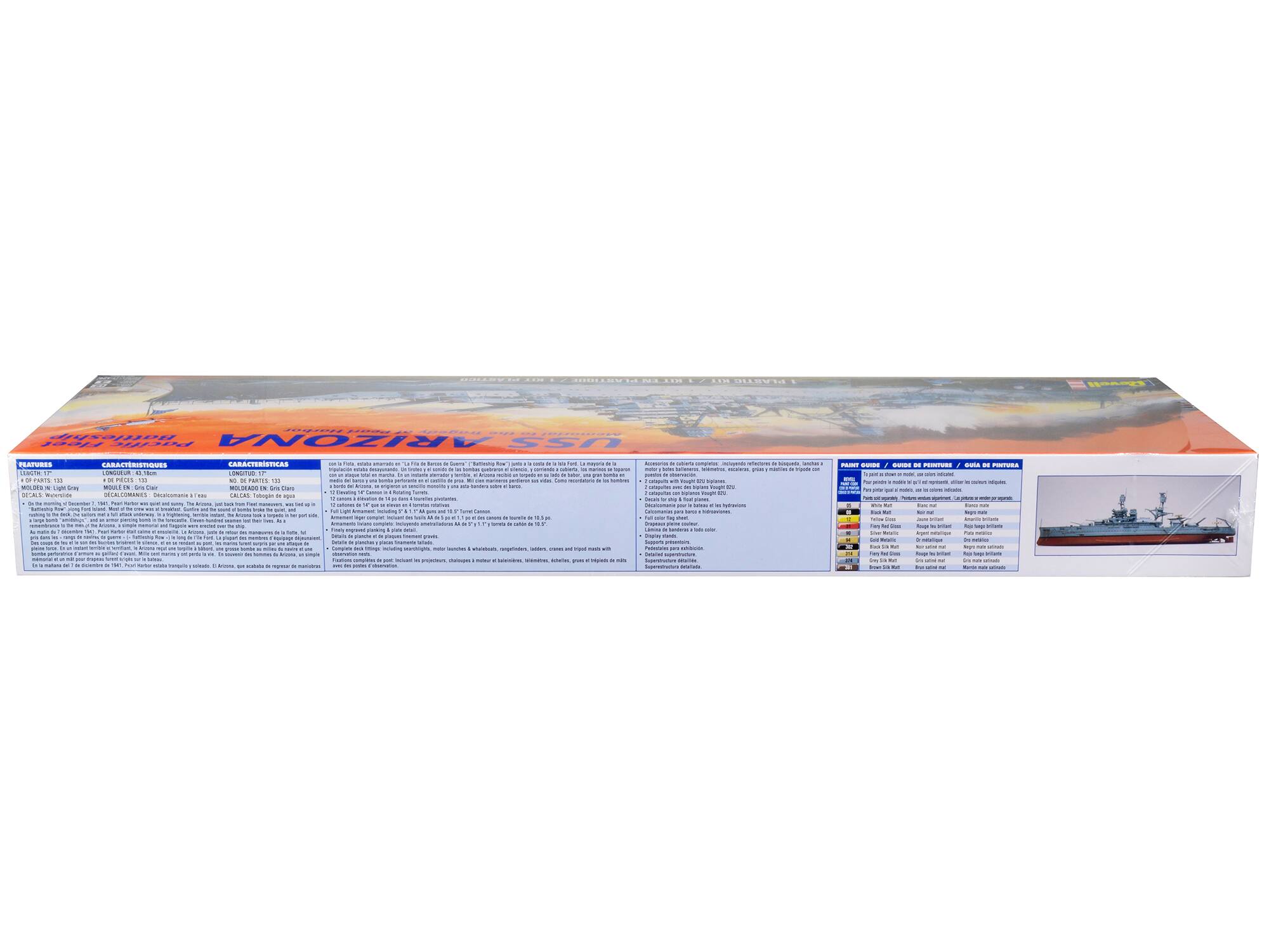 Sure, here is the corrected and grouped text from the image:

---

**USS Arizona**

**FEATURES**

- 133 Parts
- Decals: 1 Waterline, 1 Camouflage
- Full Light Gray, Camouflage, and Waterline
- Full Light Gray, Camouflage, and Waterline
- Full Light Gray, Camouflage, and Waterline
- Full Light Gray, Camouflage, and Waterline
- Full Light Gray, Camouflage, and Waterline
- Full Light Gray, Camouflage, and Waterline
- Full Light Gray, Camouflage, and Waterline
- Full Light Gray, Camouflage, and Waterline
- Full Light Gray, Camouflage, and Waterline
- Full Light Gray, Camouflage, and Waterline
- Full Light Gray, Camouflage, and Waterline
- Full Light Gray, Camouflage, and Waterline
- Full Light Gray, Camouflage, and Waterline
- Full Light Gray, Camouflage, and Waterline
- Full Light Gray, Camouflage, and Waterline
- Full Light Gray, Camouflage, and Waterline
- Full Light Gray, Camouflage, and Waterline
- Full Light Gray, Camouflage,