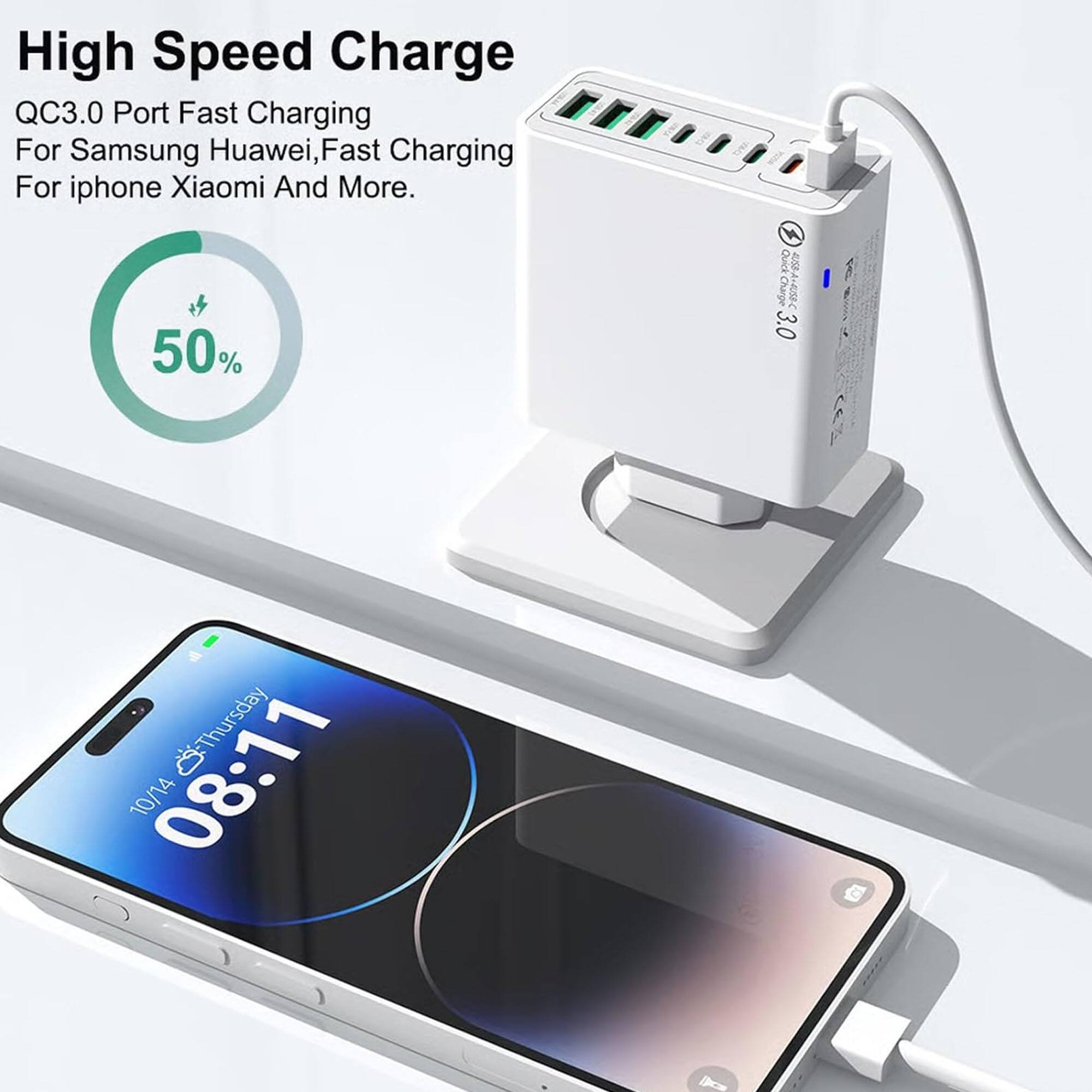 High Speed Charge  
QC3.0 Port Fast Charging  
For Samsung Huawei, Fast Charging  
For iphone Xiaomi And More.  

50%  

Thursday 10/14 08:11