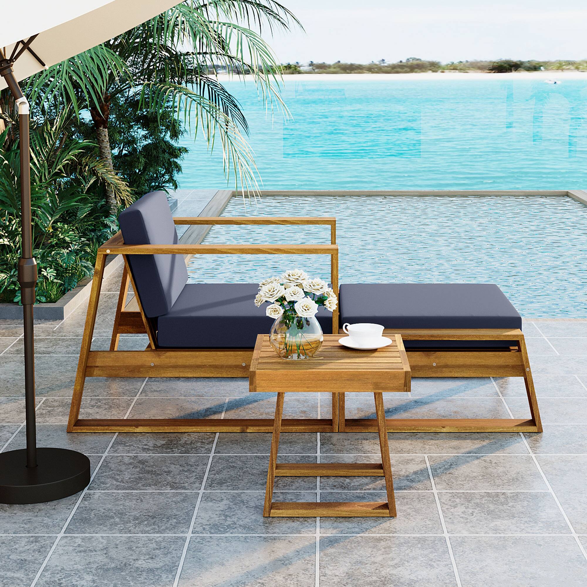 Left. Siljoy - Acacia Wood Outdoor Lounge Set Chair & Ottoman Removable Cushions, All-Weather Chaise Daybed for Patio - Natural+Grey.