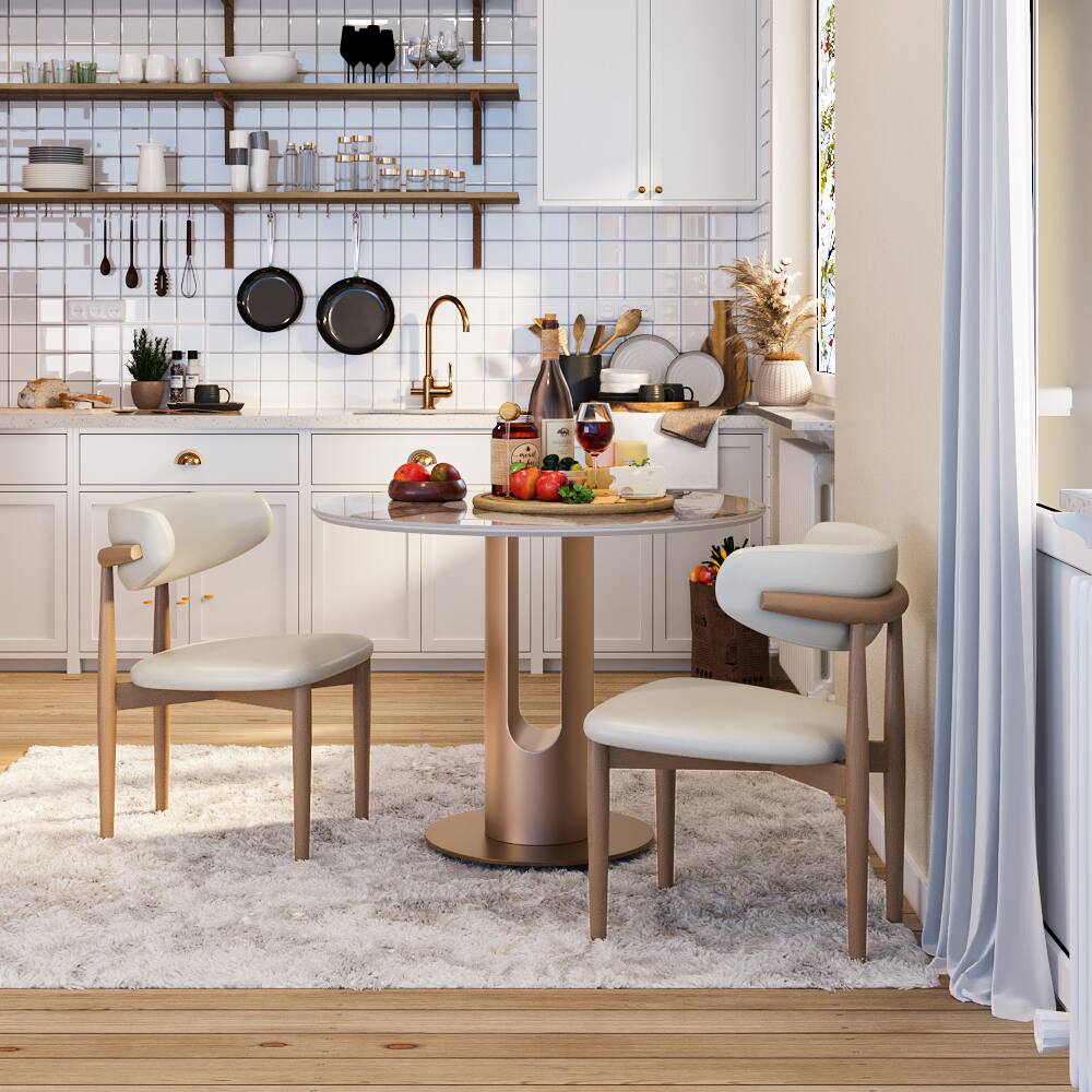 Angle. POVISON - 35" Modern Bistro Table for Breakfast Nook & Compact Spaces, Glossy Pandora Sintered Stone Top with Bronze Metal Base - Pandora.