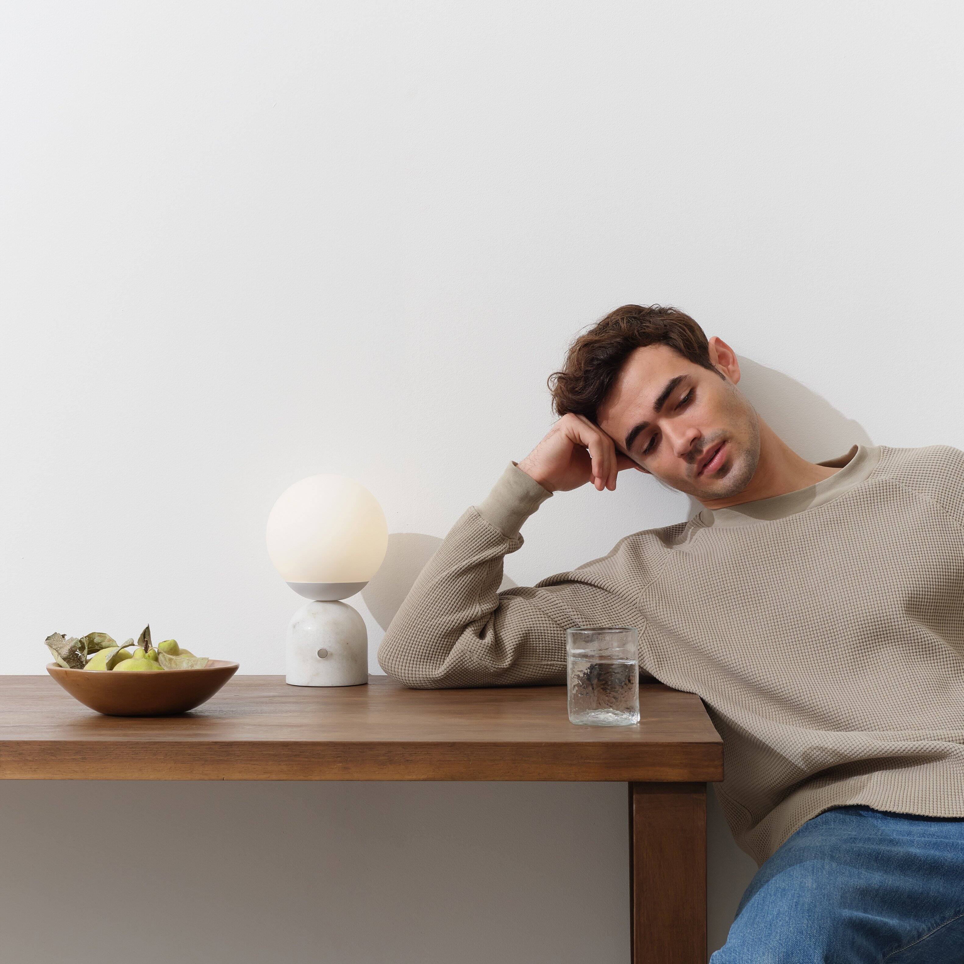 Alt View 7. Brightech - Mila LED Modern Contemporary Round Globe Dimmable Bedside Nightstand Desk Lamp with Frosted White Glass Shade - Glossy White Marble.