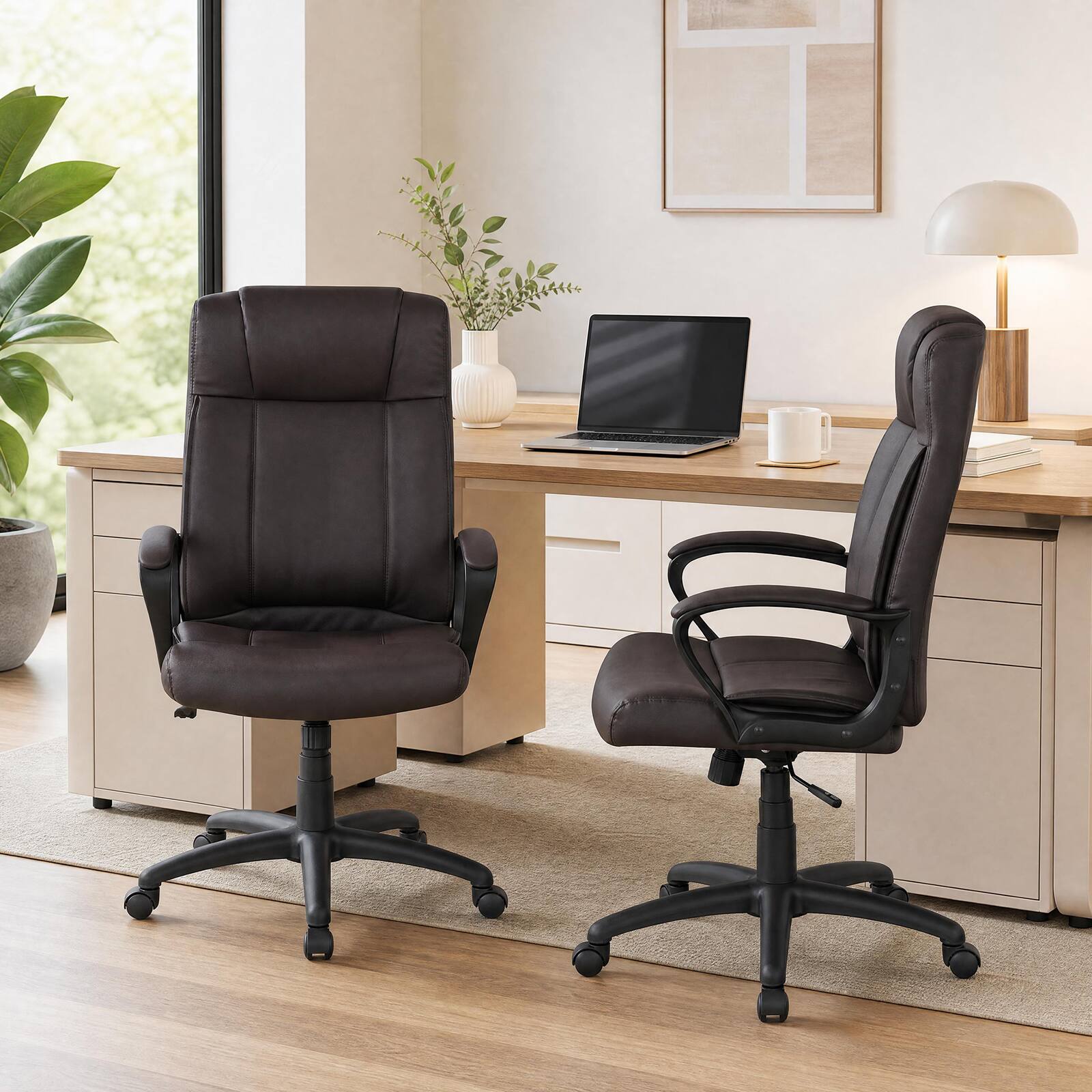 Alt View 3. Costway - Costway Faux Leather Office Chair with Rocking Function, Height Adjustable Desk Chair, Padded Armrests - Brown.
